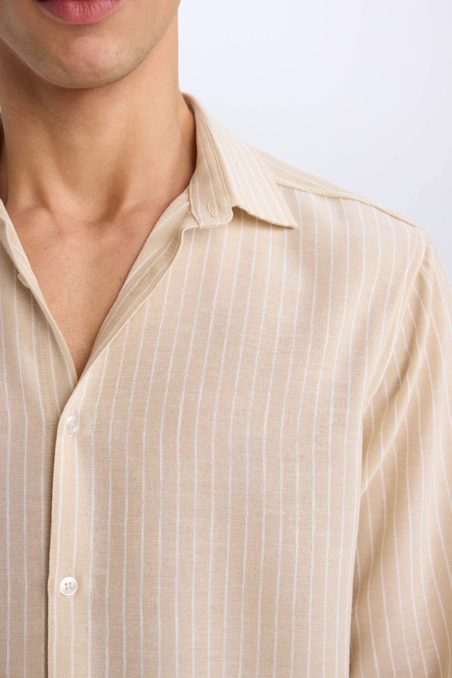 Regular Fit Polo Yaka Keten Görünümlü Uzun Kollu Gömlek