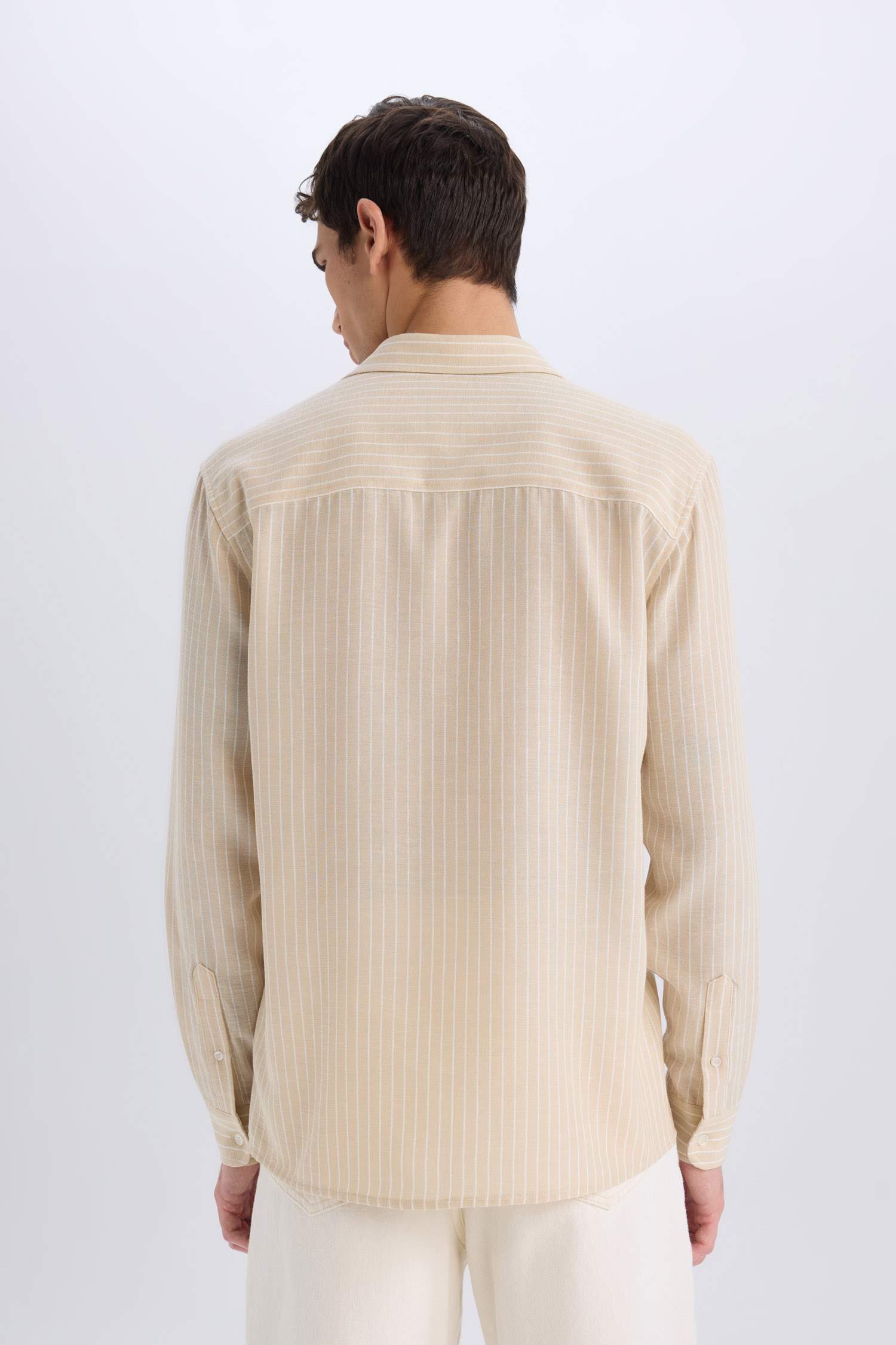 Regular Fit Polo Yaka Keten Görünümlü Uzun Kollu Gömlek