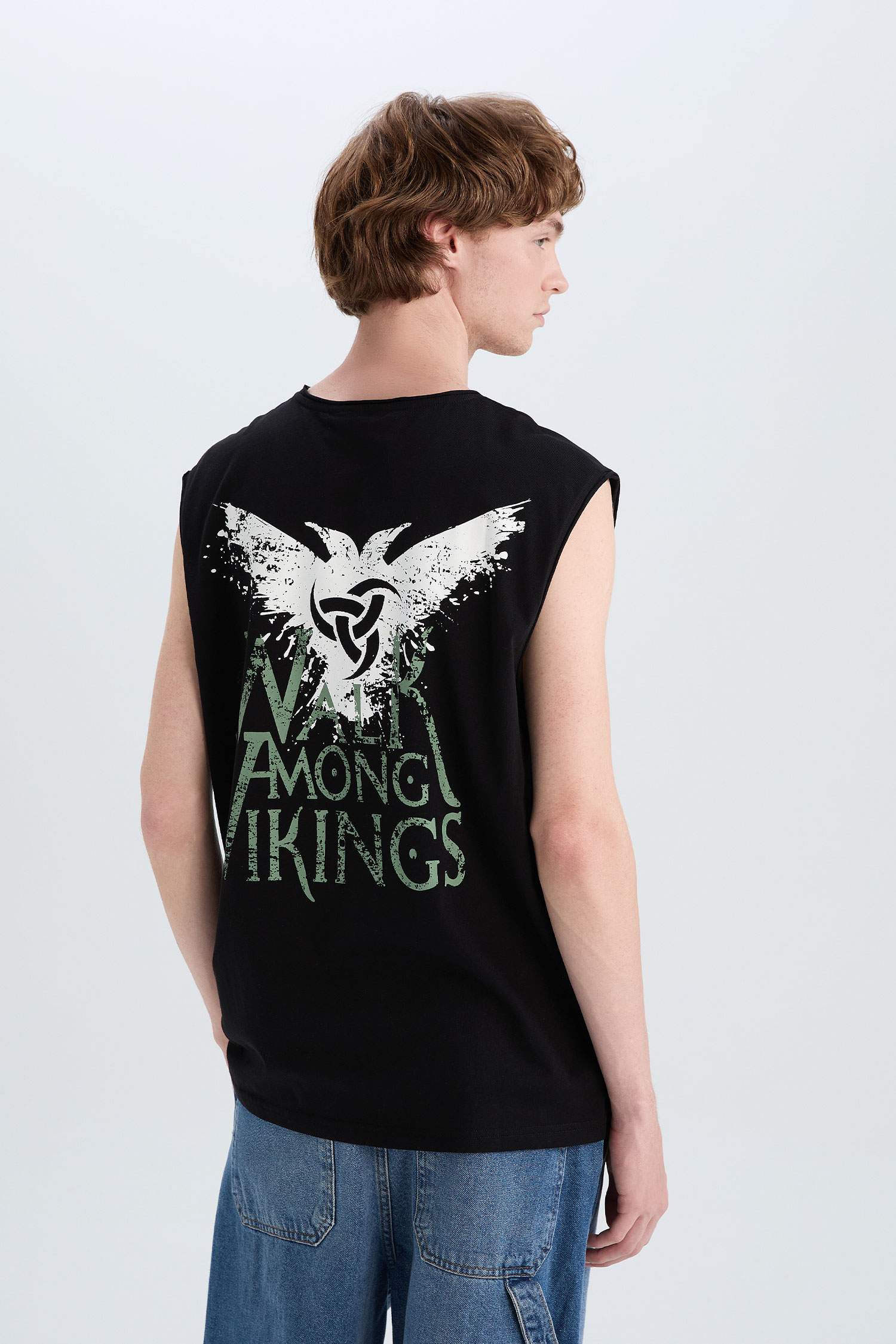 %100 Pamuk Vikings Valhalla Boxy Fit Bisiklet Yaka Sırt Baskılı Atlet