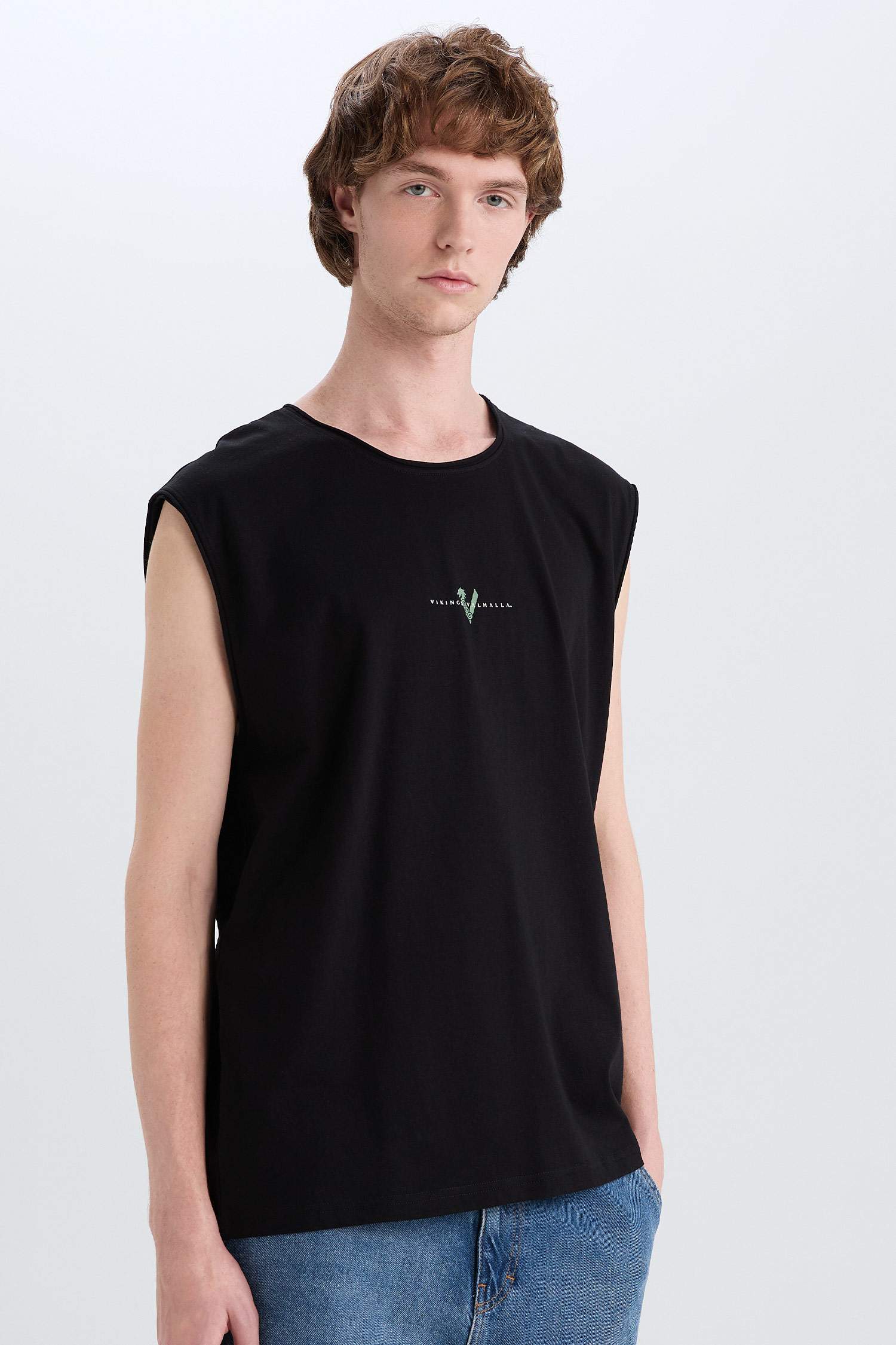 %100 Pamuk Vikings Valhalla Boxy Fit Bisiklet Yaka Sırt Baskılı Atlet