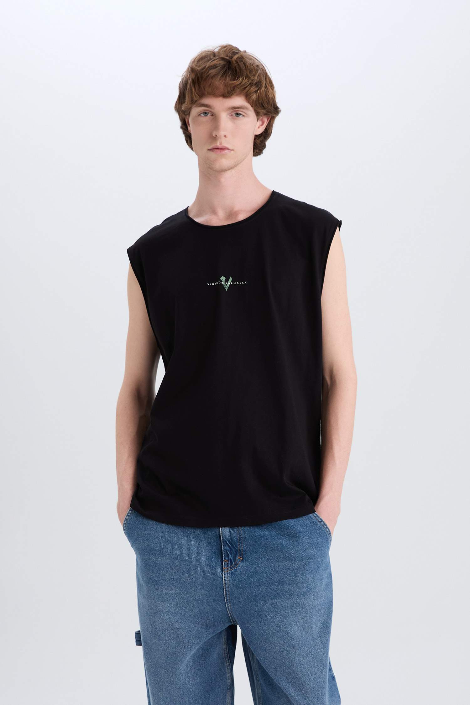 %100 Pamuk Vikings Valhalla Boxy Fit Bisiklet Yaka Sırt Baskılı Atlet