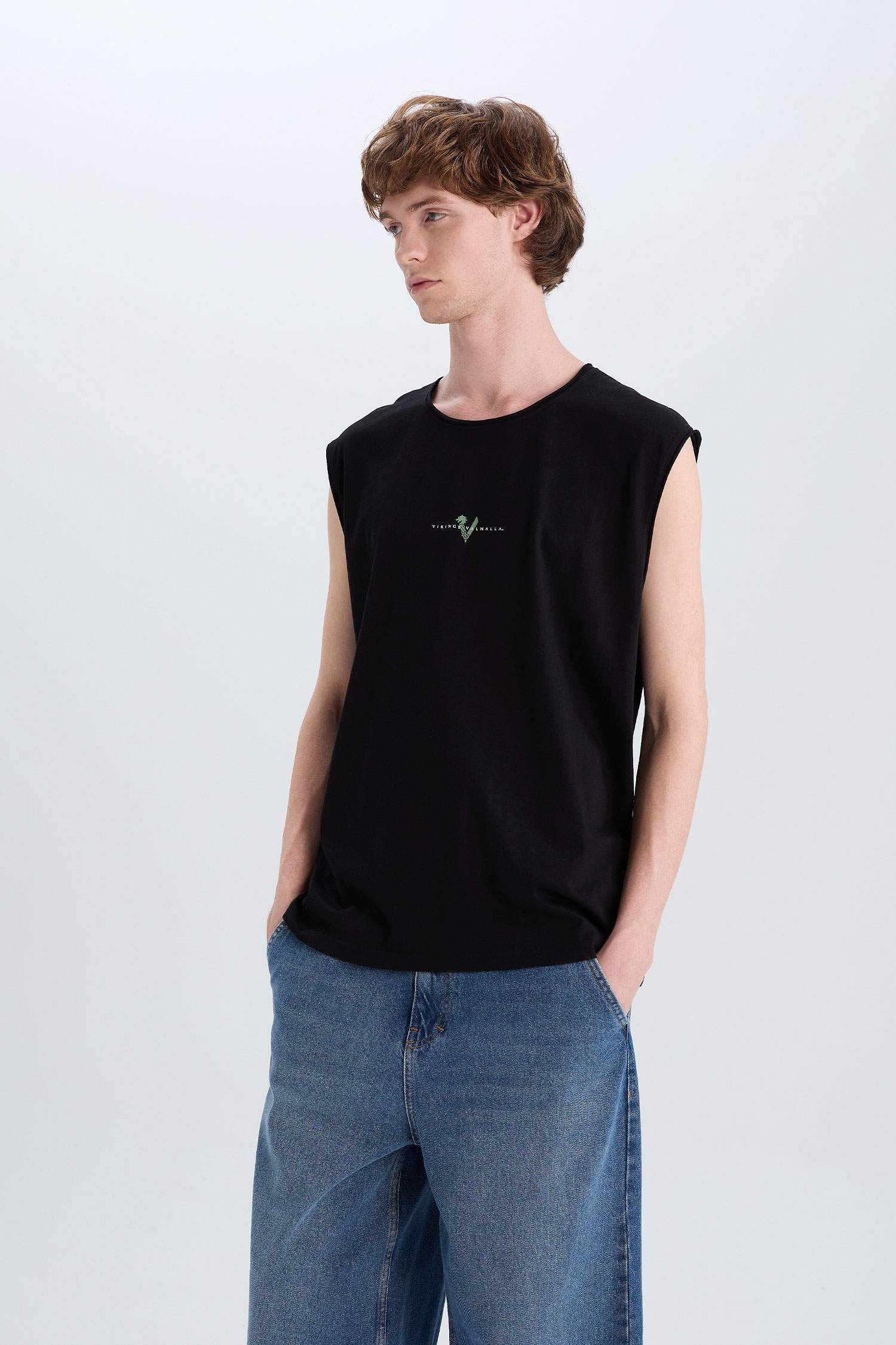 %100 Pamuk Vikings Valhalla Boxy Fit Bisiklet Yaka Sırt Baskılı Atlet