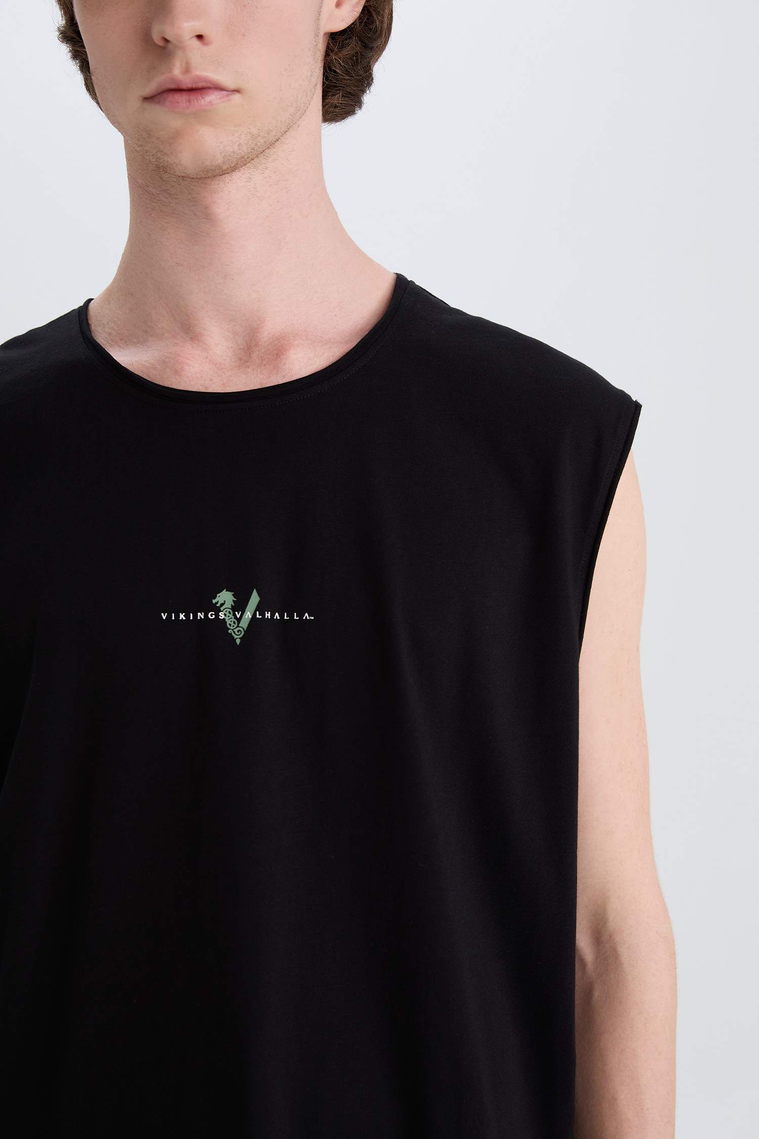 %100 Pamuk Vikings Valhalla Boxy Fit Bisiklet Yaka Sırt Baskılı Atlet