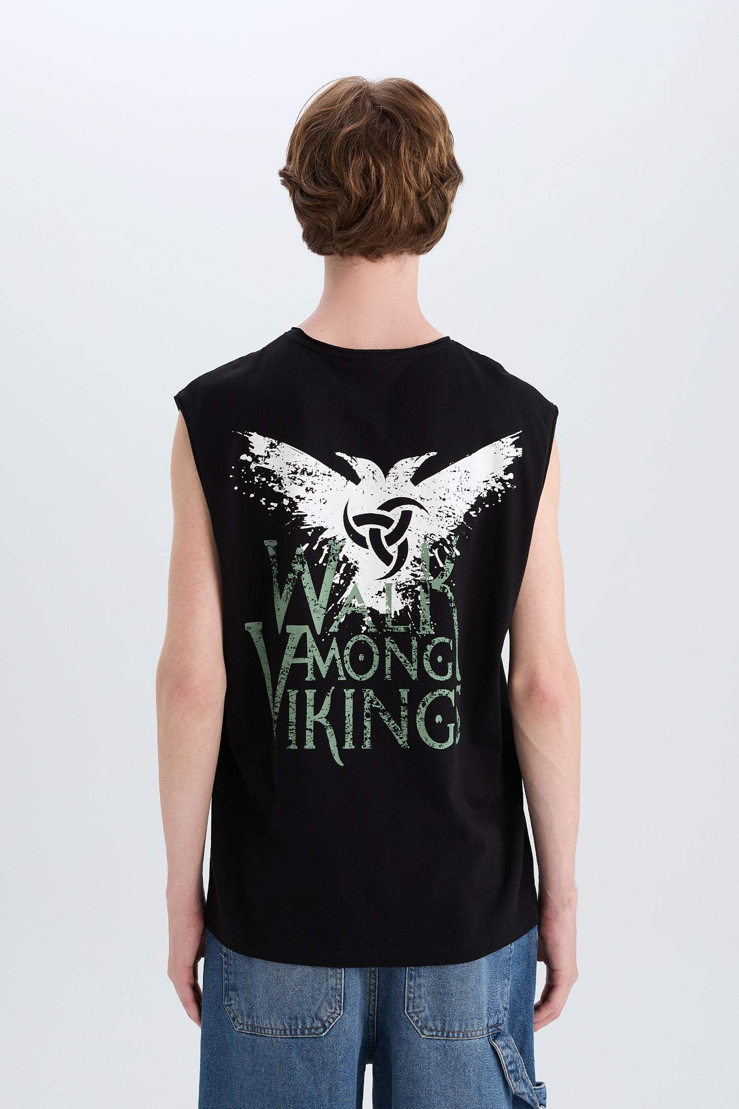 %100 Pamuk Vikings Valhalla Boxy Fit Bisiklet Yaka Sırt Baskılı Atlet