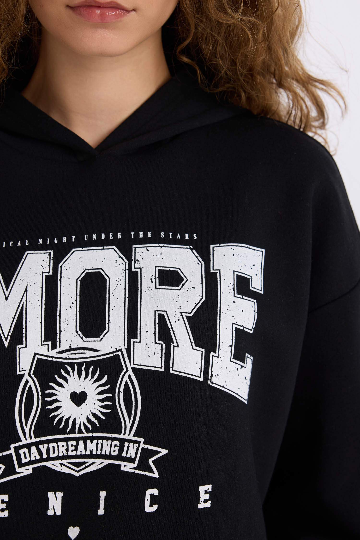 Loose Fit Kapüşonlu Baskılı Kalın Sweatshirt