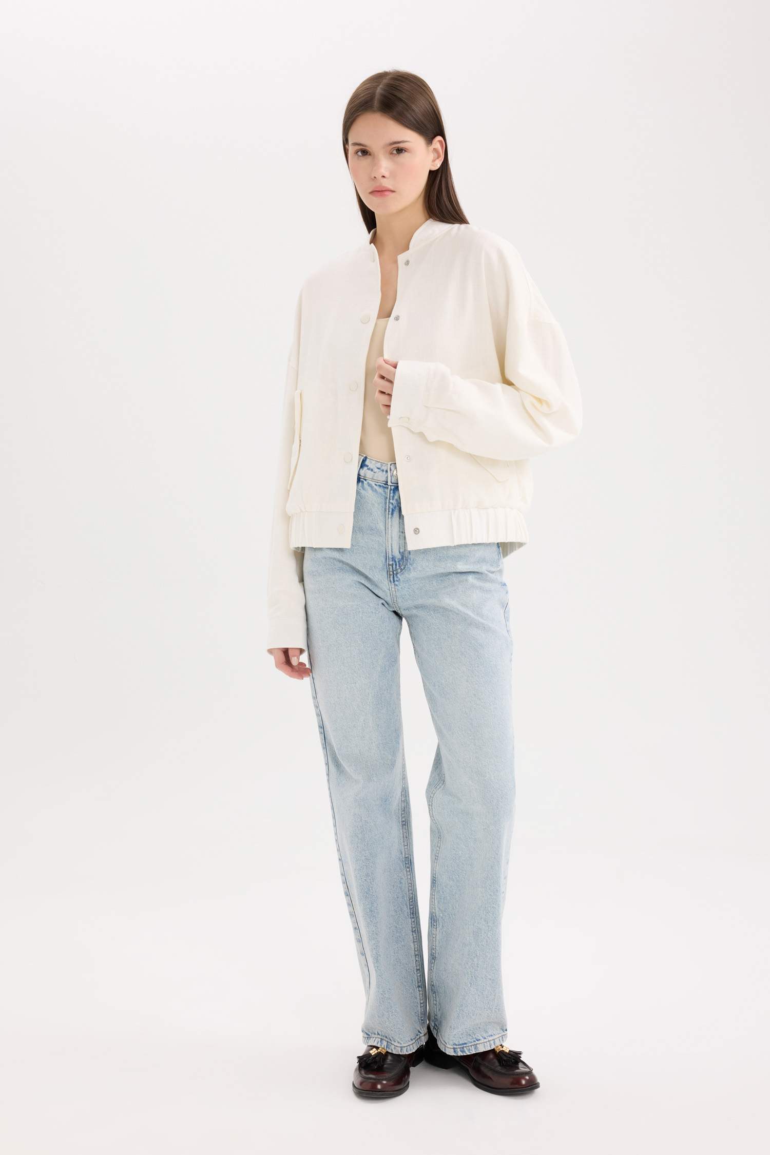 Su Geçirmez Kolej Yaka Çıtçıtlı Pamuk Astarlı Keten Karışımlı Ceket Mont