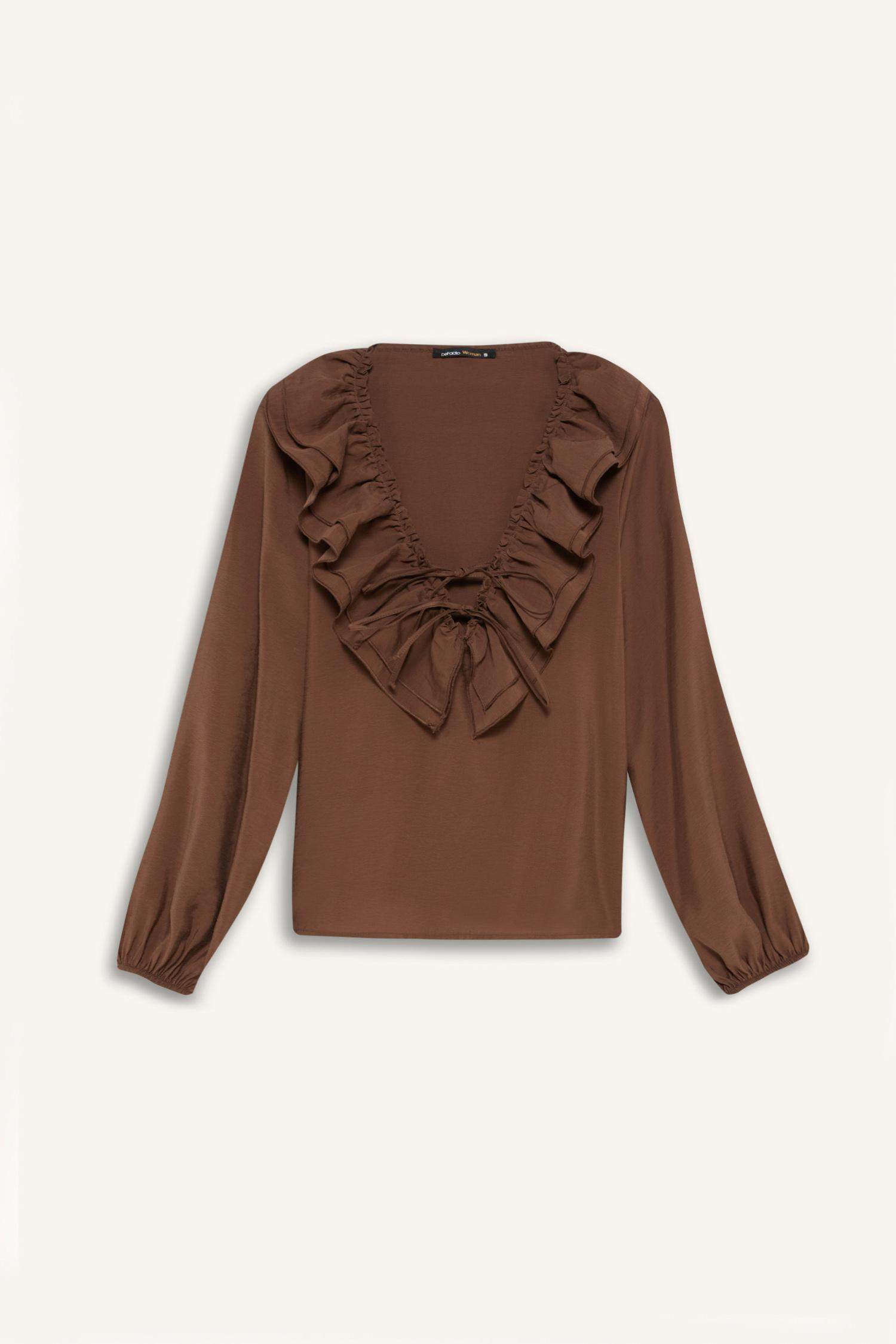 Regular Fit Ruffled V Neck Basic Long Sleeve Blouse