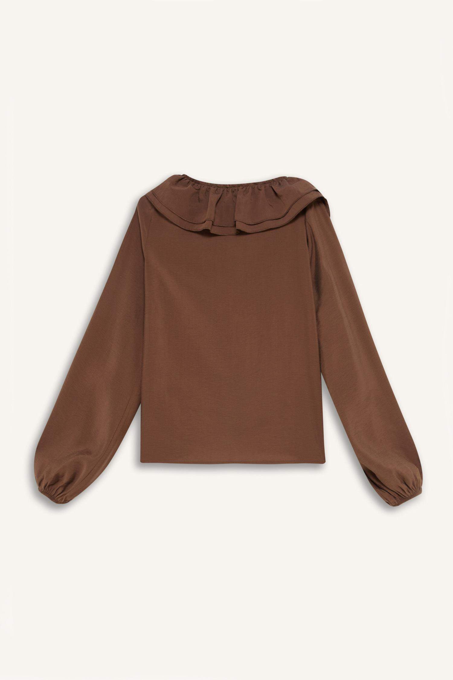 Regular Fit Ruffled V Neck Basic Long Sleeve Blouse