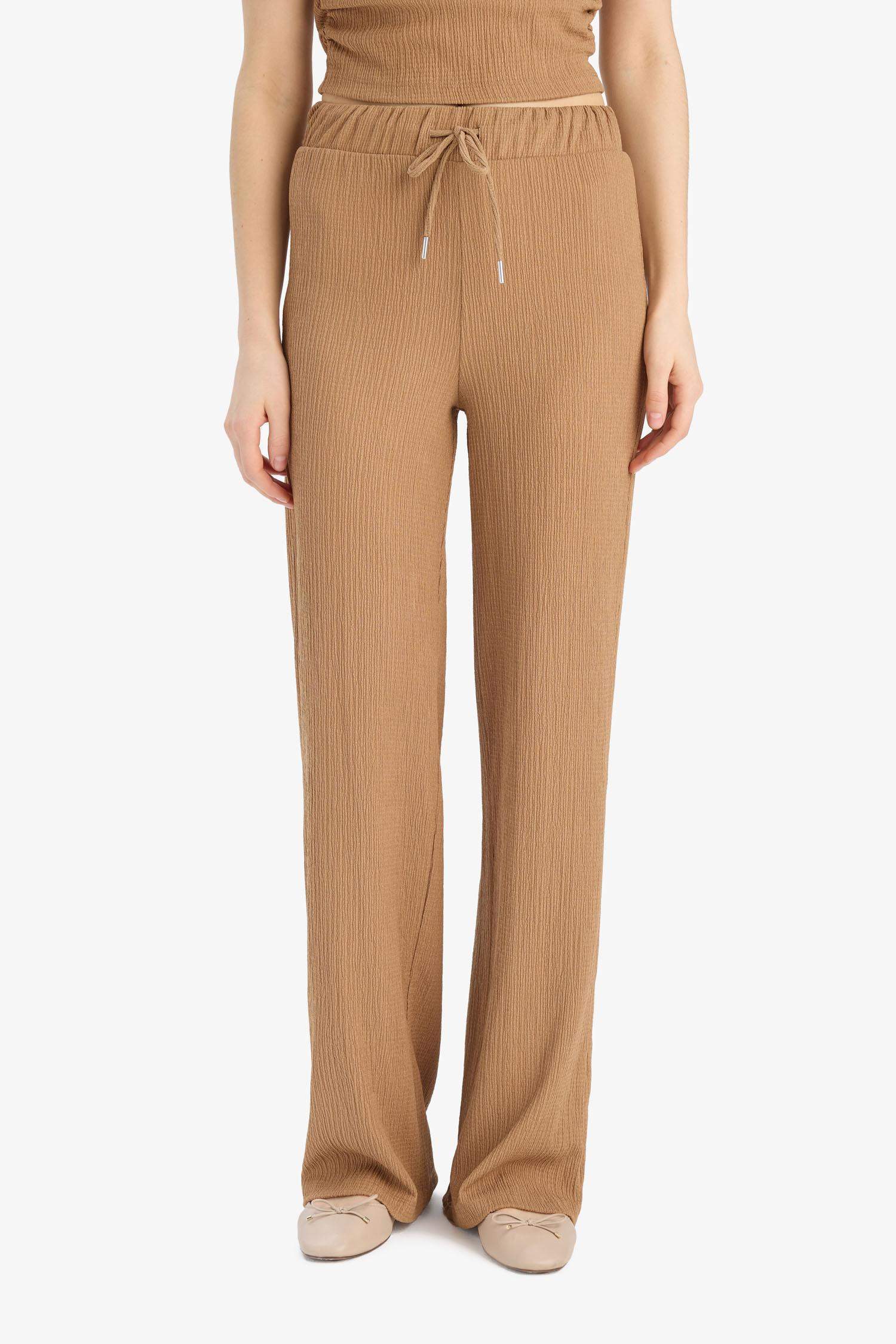 Straight Fit Beli Lastikli Cepli Bürümcük Pantolon