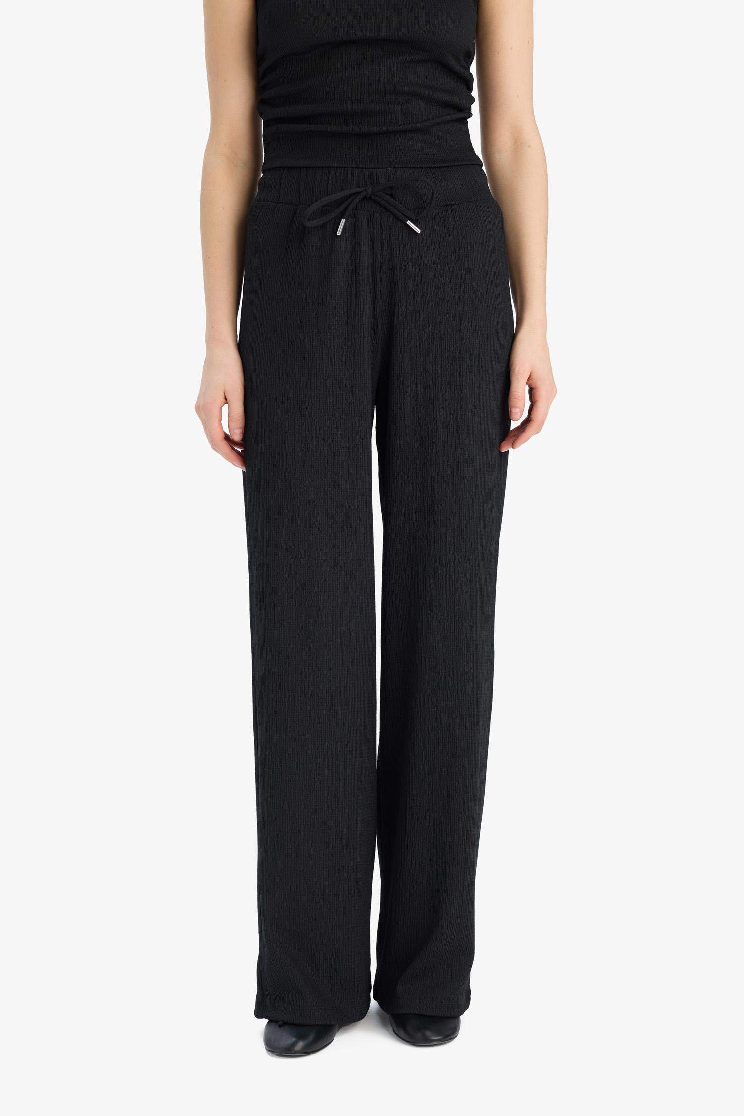 Straight Fit Beli Lastikli Bağcıklı Cepli Bürümcük Pantolon