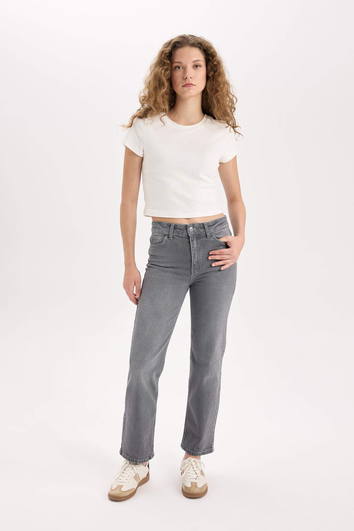 Comfort Straight Yüksek Bel Bilek Boy Jean Yıkamalı Pantolon