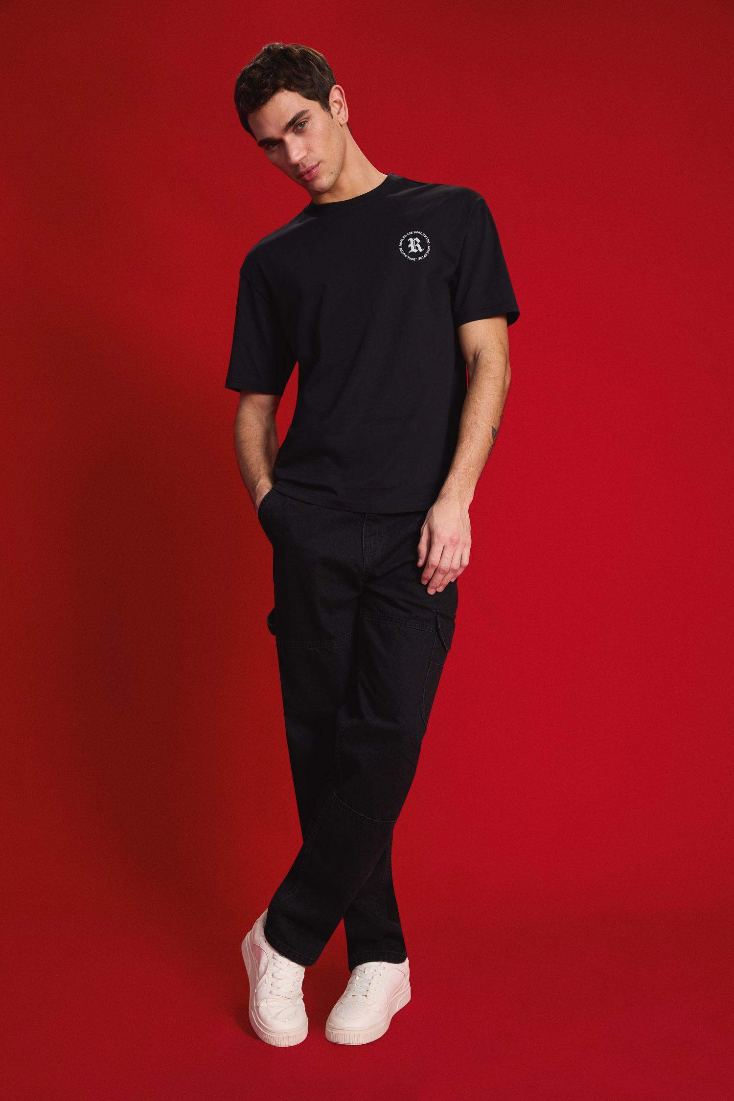 %100 Pamuk Relax Fit Rahat Kalıp Normal Bel Geniş Paça Kargo Cepli Siyah Jean Pantolon