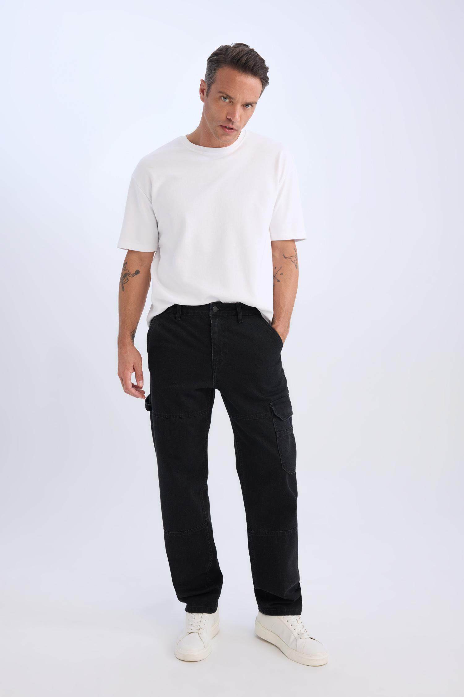 %100 Pamuk Relax Fit Rahat Kalıp Normal Bel Geniş Paça Kargo Cepli Siyah Jean Pantolon