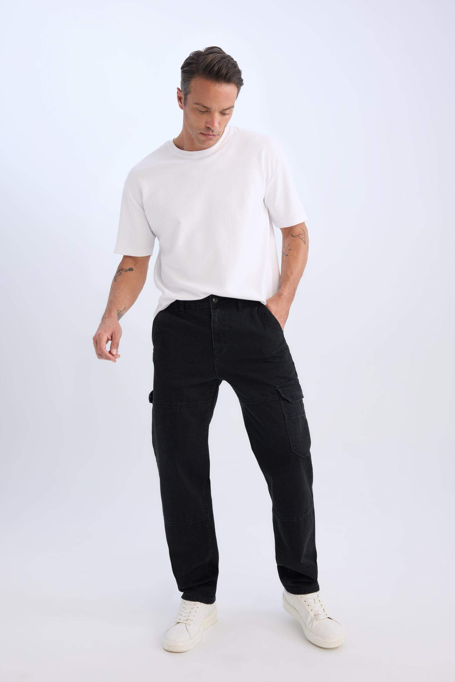 %100 Pamuk Relax Fit Rahat Kalıp Normal Bel Geniş Paça Kargo Cepli Siyah Jean Pantolon