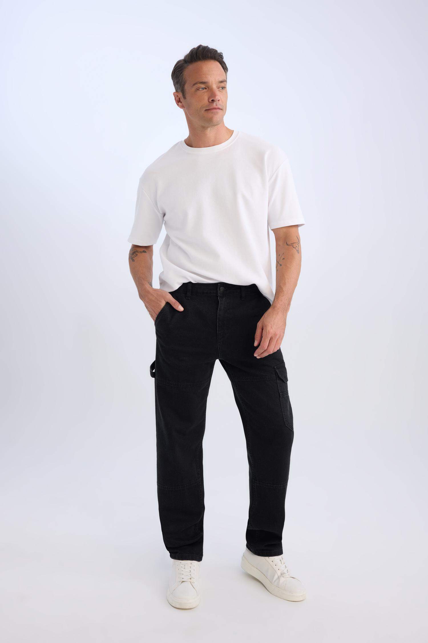 %100 Pamuk Relax Fit Rahat Kalıp Normal Bel Geniş Paça Kargo Cepli Siyah Jean Pantolon