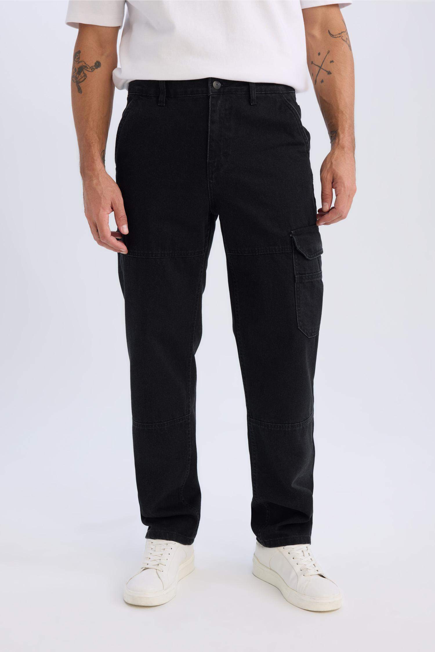 %100 Pamuk Relax Fit Rahat Kalıp Normal Bel Geniş Paça Kargo Cepli Siyah Jean Pantolon