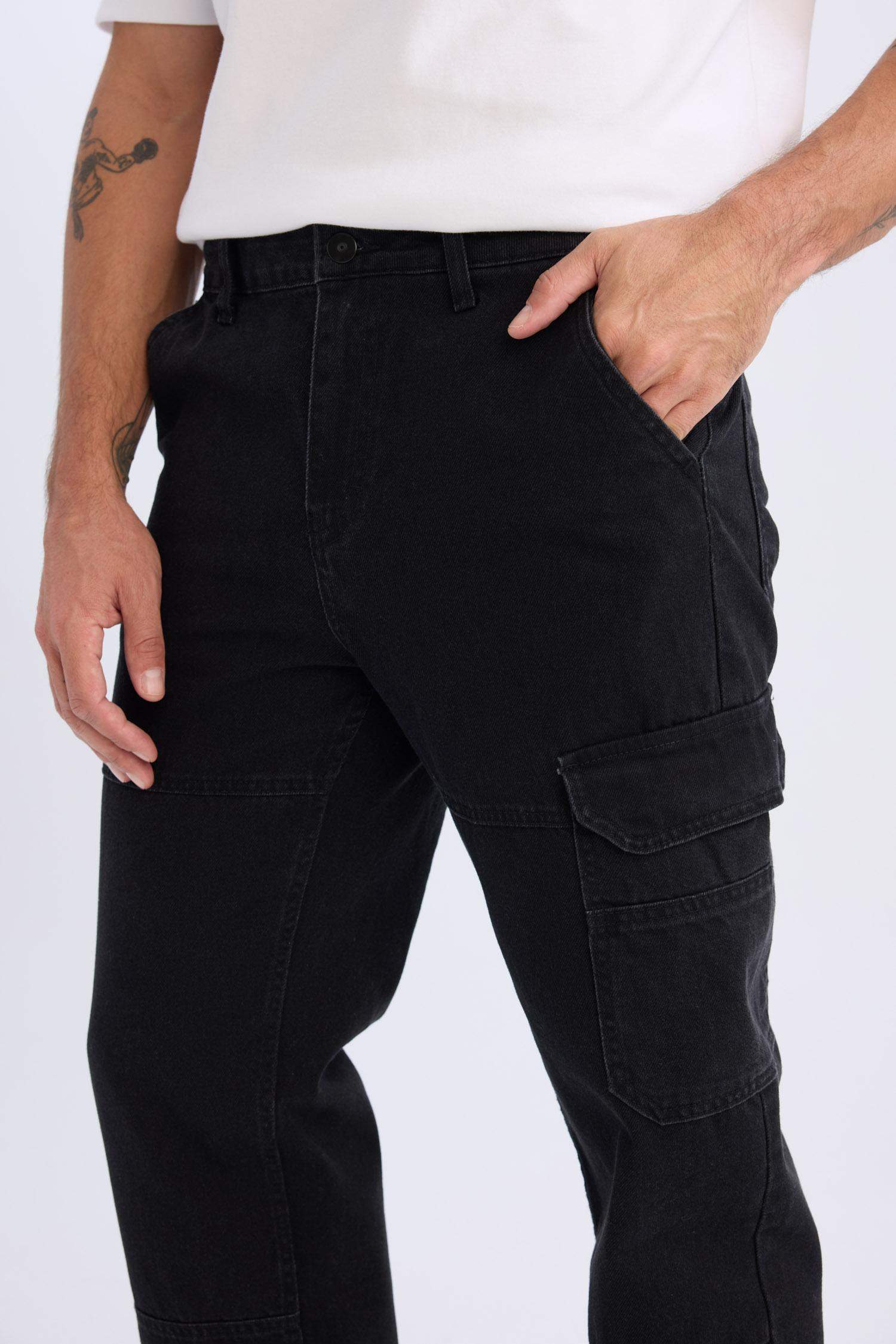 %100 Pamuk Relax Fit Rahat Kalıp Normal Bel Geniş Paça Kargo Cepli Siyah Jean Pantolon