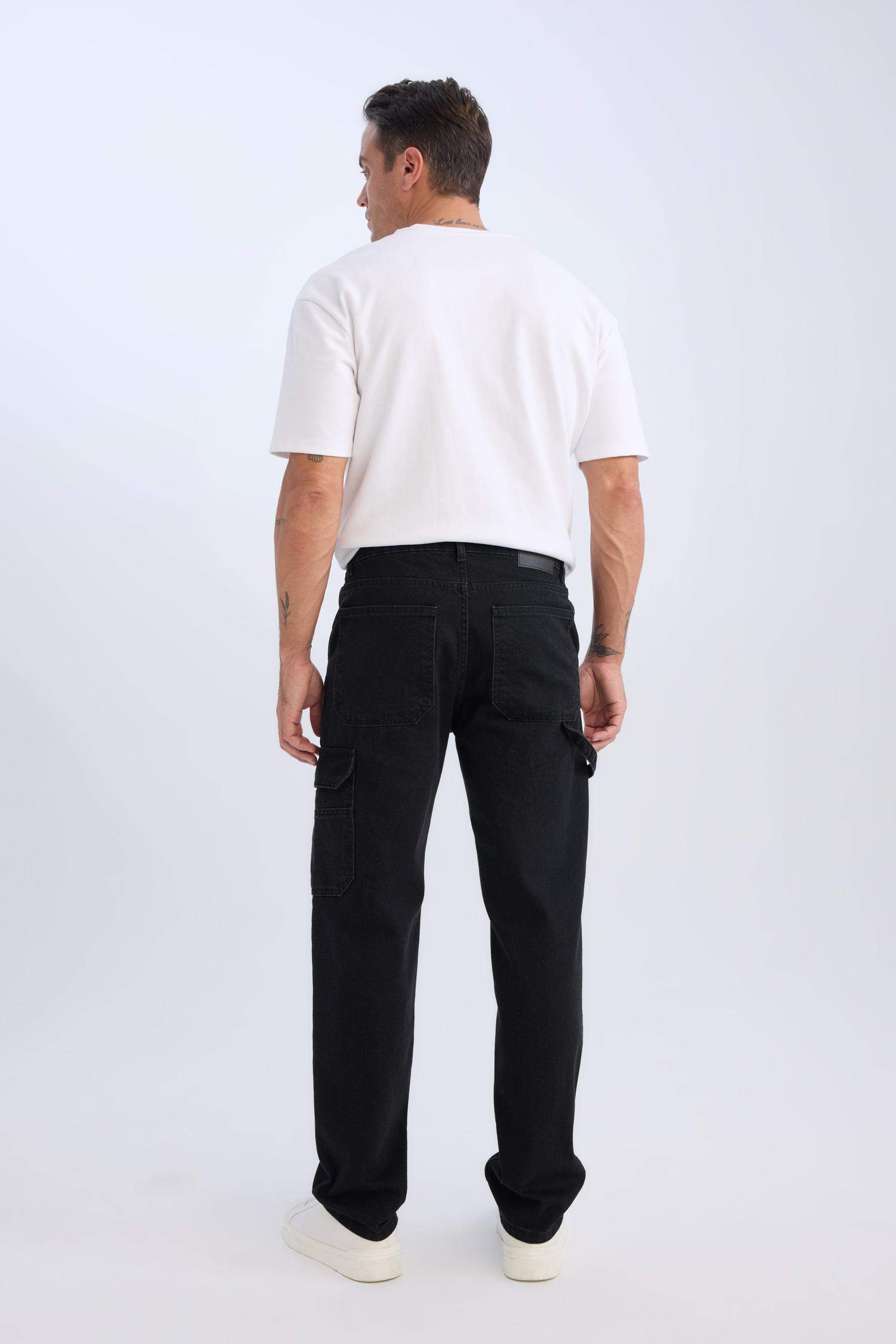 %100 Pamuk Relax Fit Rahat Kalıp Normal Bel Geniş Paça Kargo Cepli Siyah Jean Pantolon