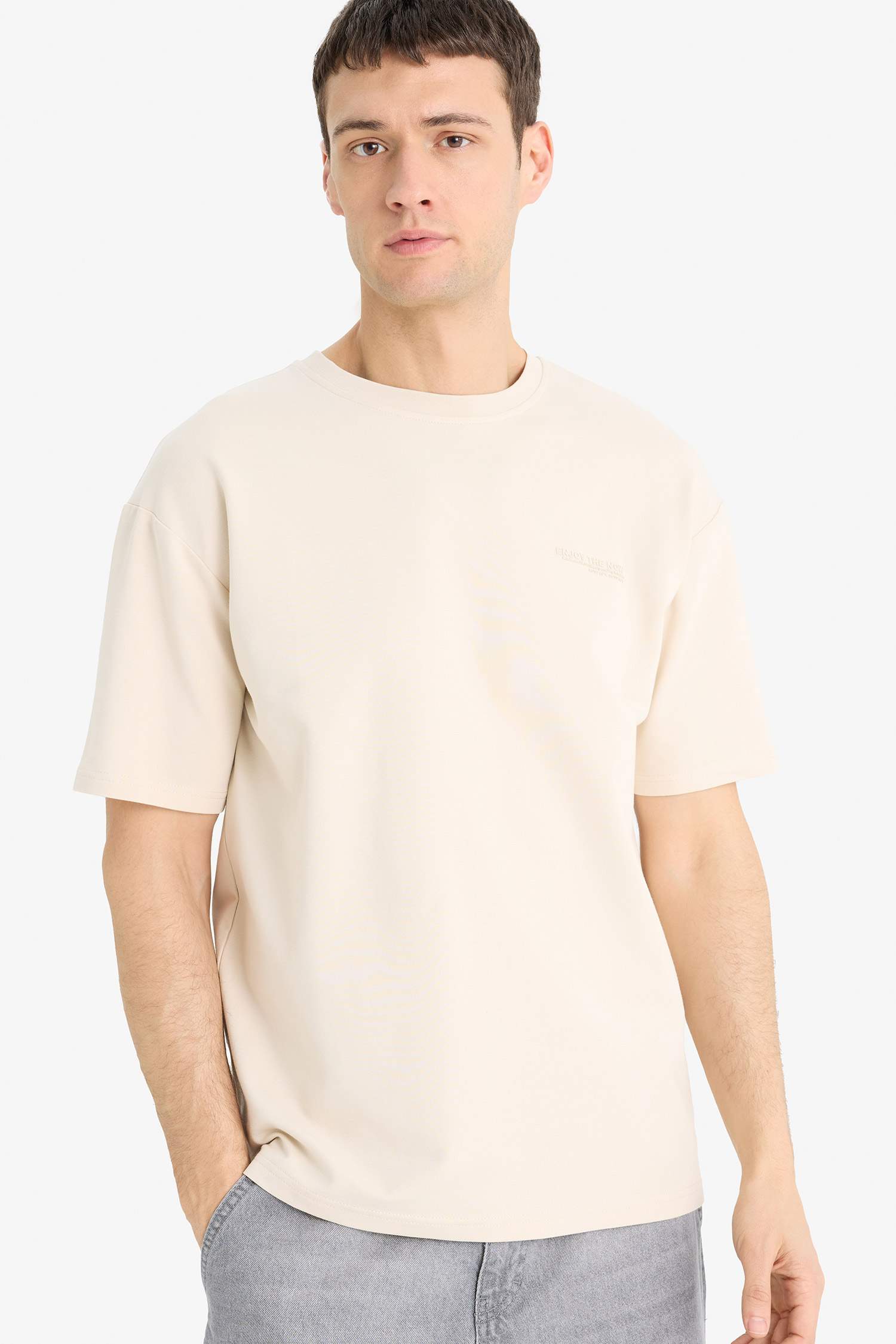 Boxy Fit Bisiklet Yaka Baskılı Kısa Kollu Tişört