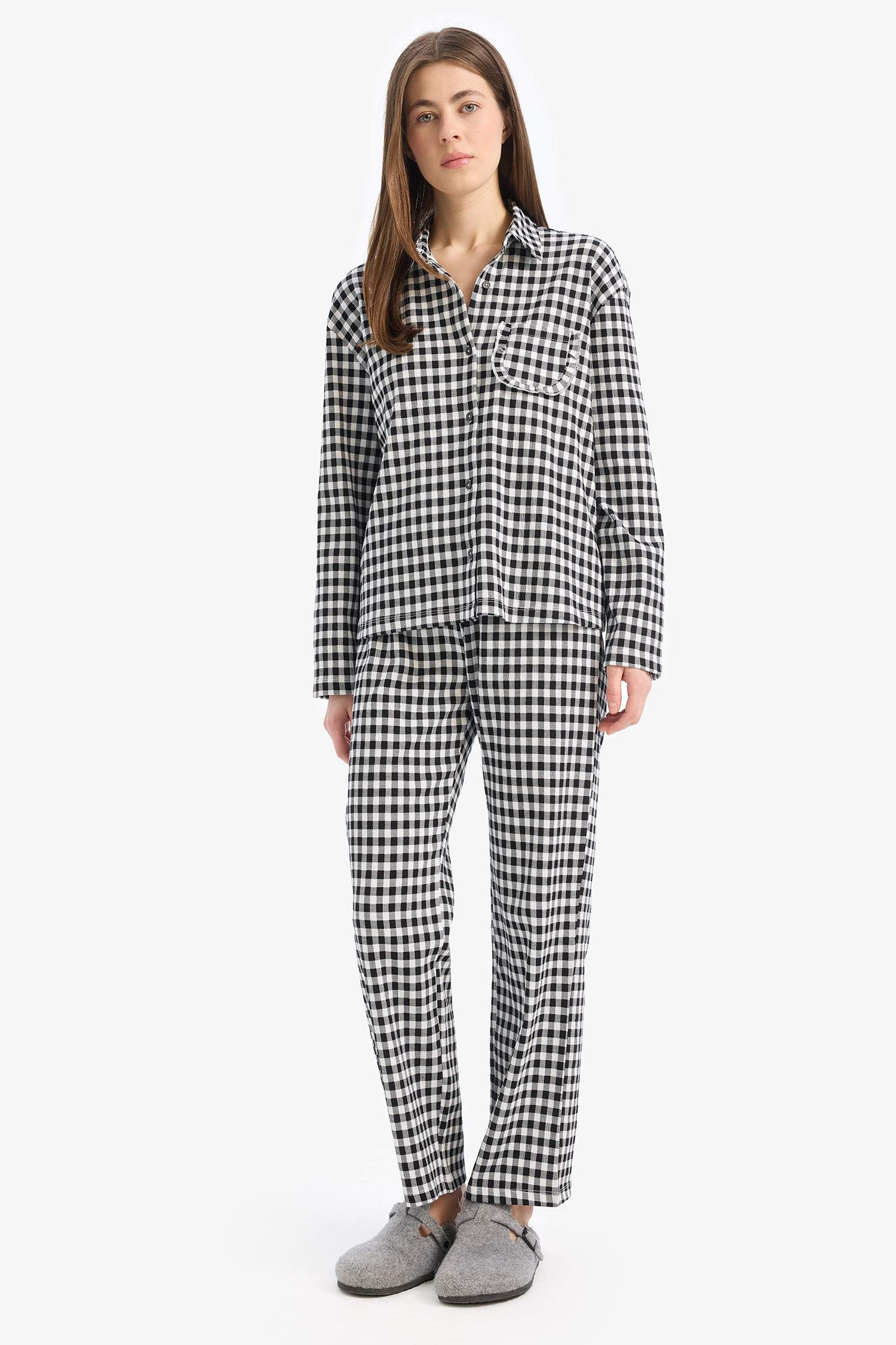 Pijama Takımı Kareli Uzun Kollu Üst Beli Lastikli Uzun Alt-Fall in Love