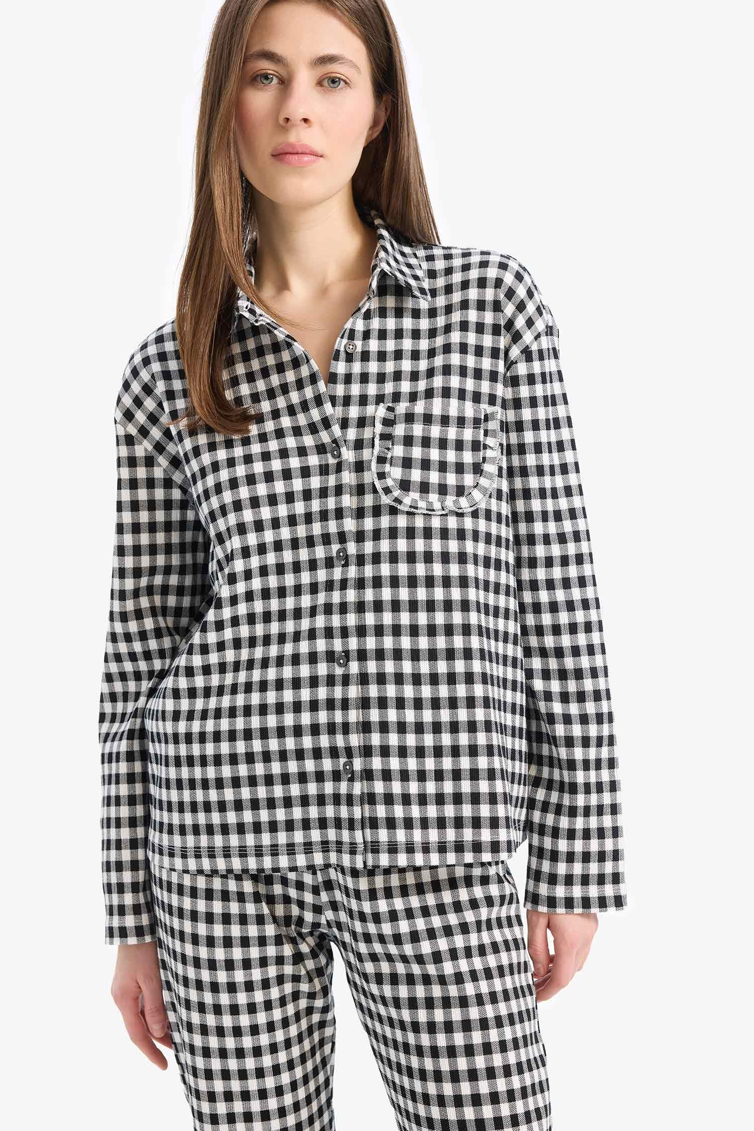 Pijama Takımı Kareli Uzun Kollu Üst Beli Lastikli Uzun Alt-Fall in Love