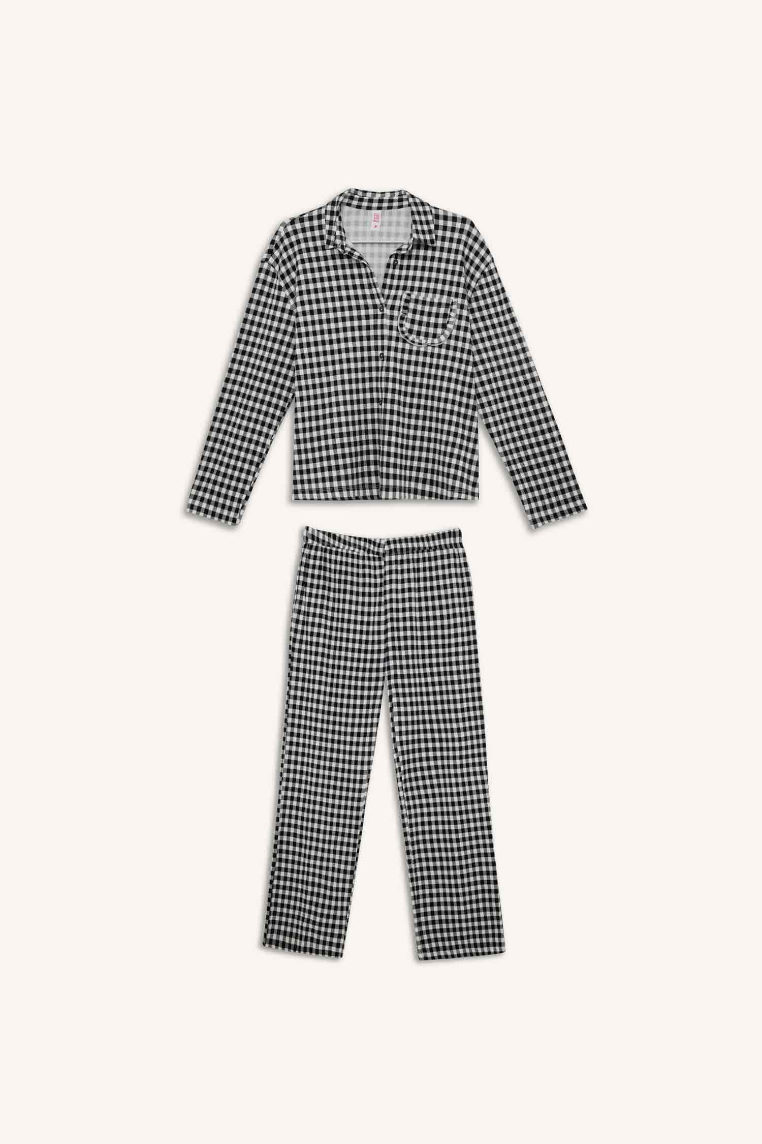 Pijama Takımı Kareli Uzun Kollu Üst Beli Lastikli Uzun Alt-Fall in Love