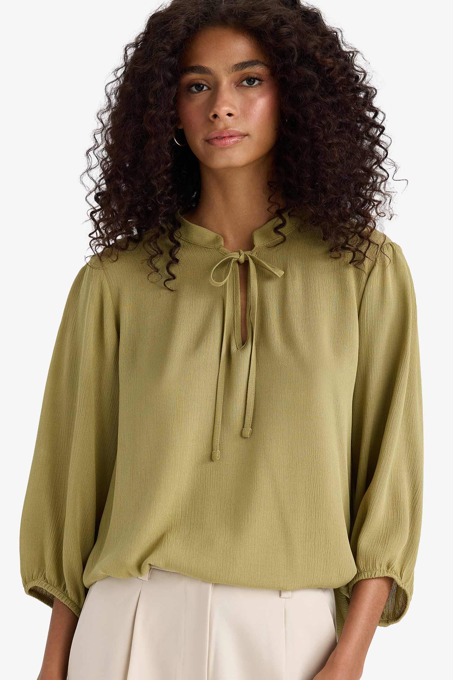 Regular Fit Crinkle Viscose Long Sleeve Blouse
