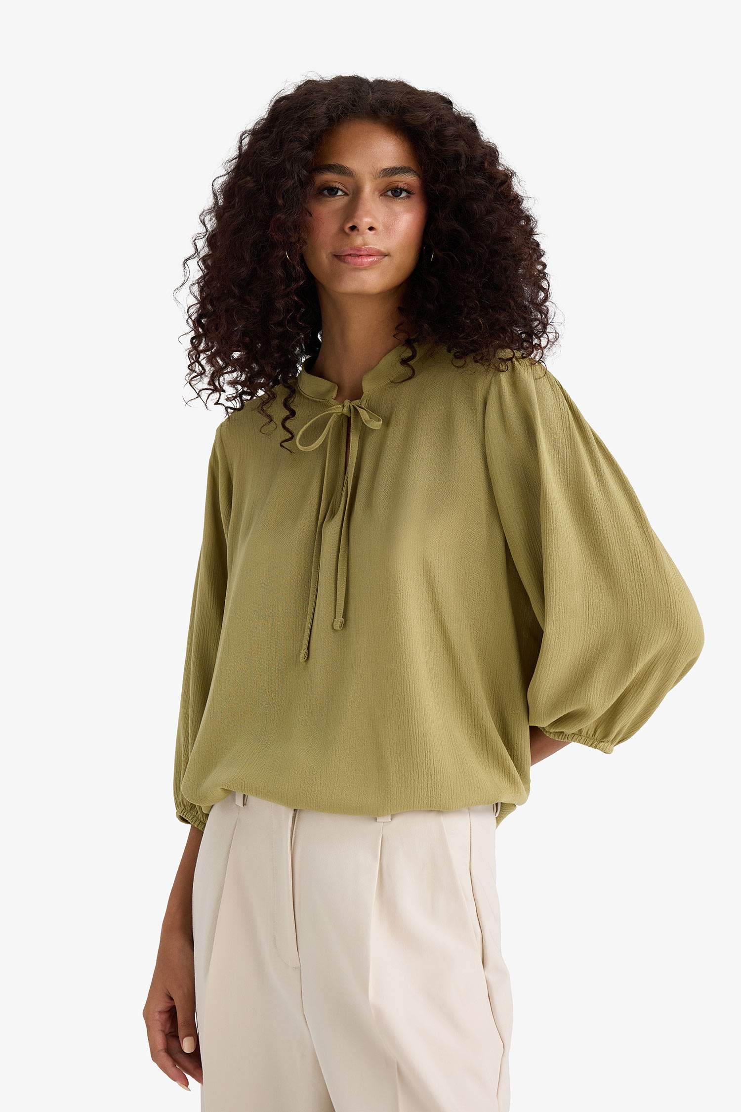 Regular Fit Crinkle Viscose Long Sleeve Blouse