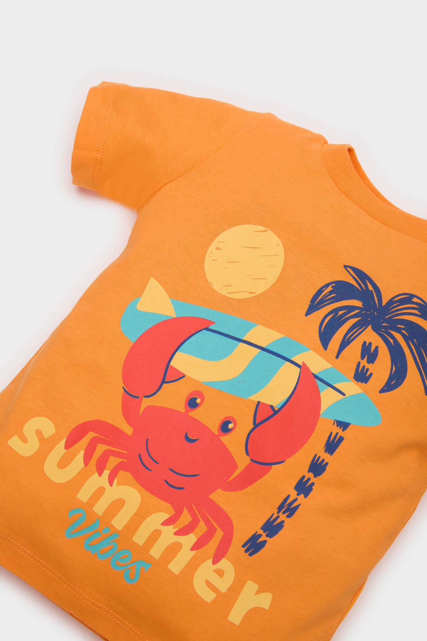 Erkek Bebek 2'li Takım Yengeç Baskılı Kısa Kollu Tişört Beli Lastikli Deniz Şortu