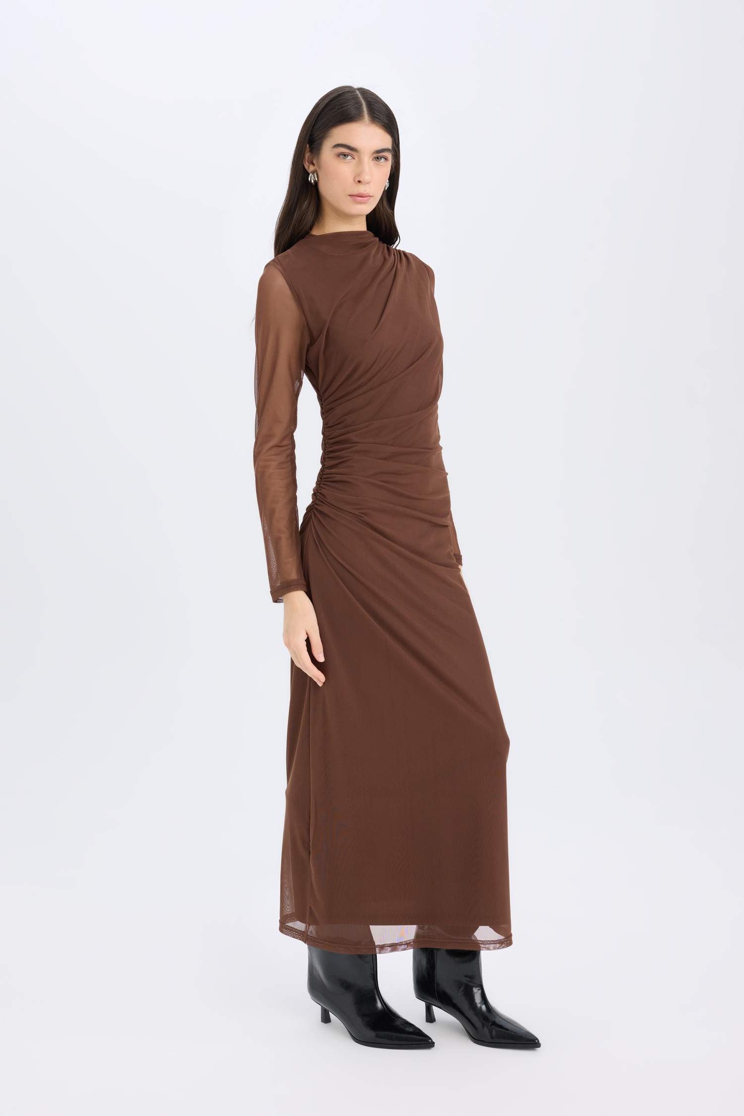 Bodycon Vücudu Saran Yarım Balıkçı Yaka Tül Uzun Kollu Maxi Elbise