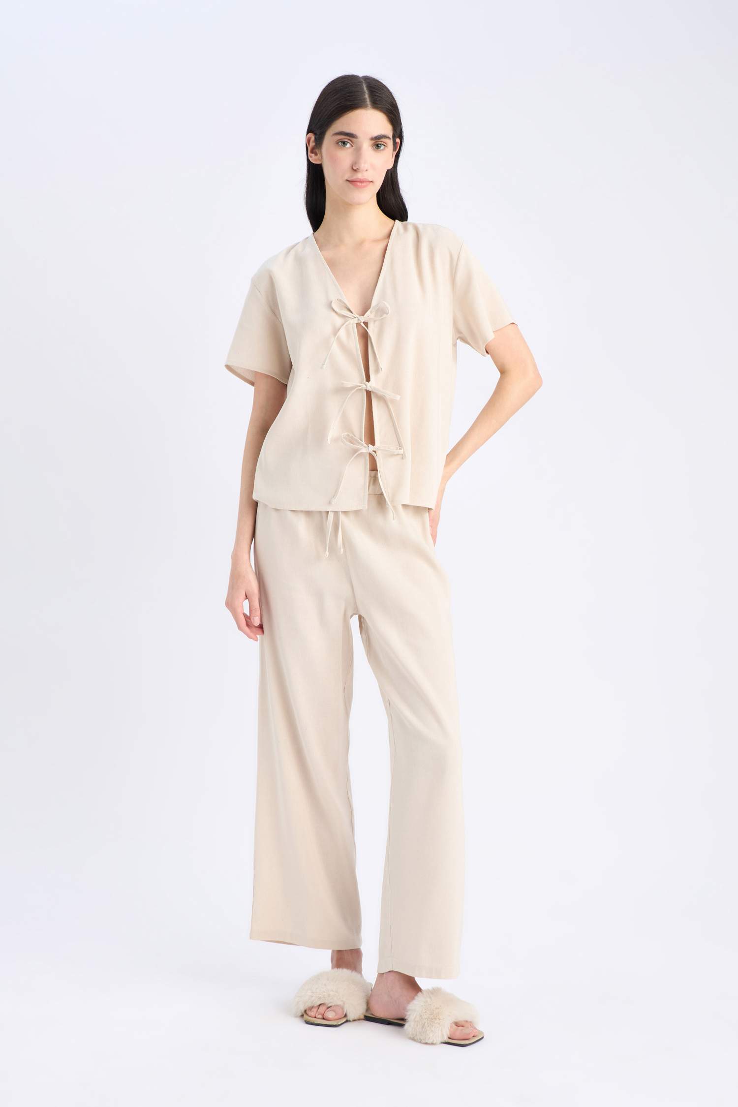 Pijama Takımı Keten Kısa Kollu Üst Beli Lastikli Alt-Fall in Love