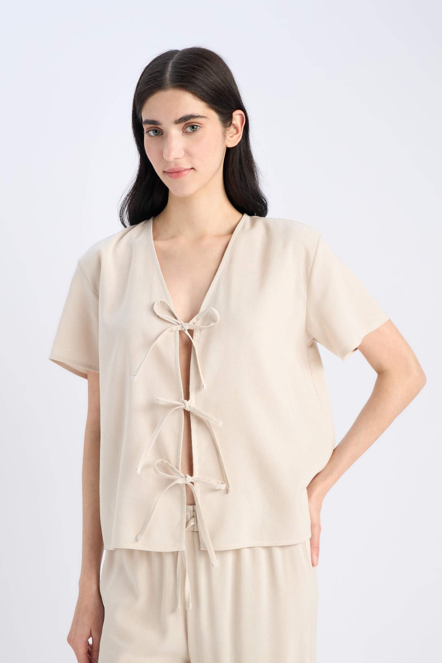 Pijama Takımı Keten Kısa Kollu Üst Beli Lastikli Alt-Fall in Love