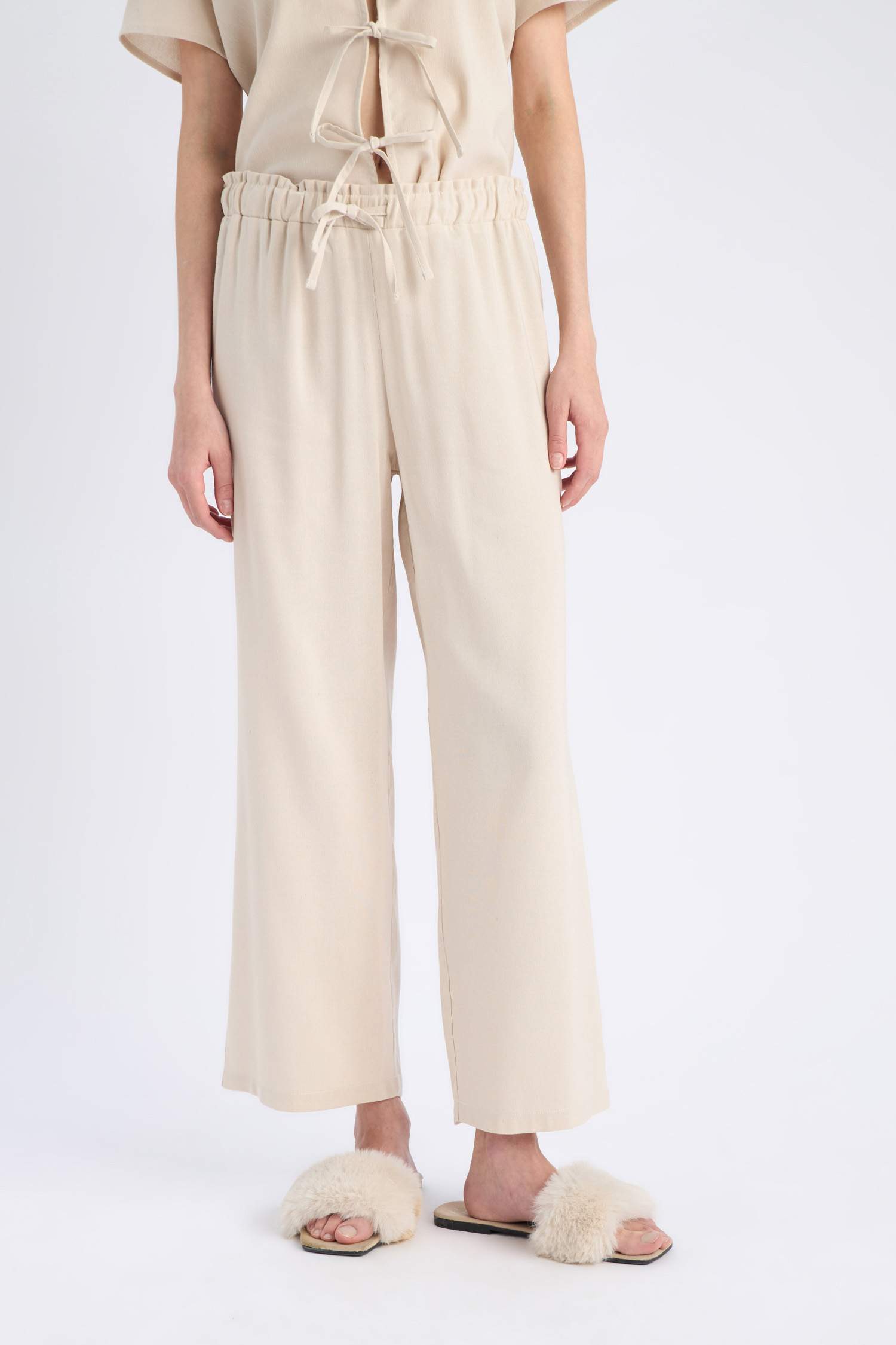 Pijama Takımı Keten Kısa Kollu Üst Beli Lastikli Alt-Fall in Love