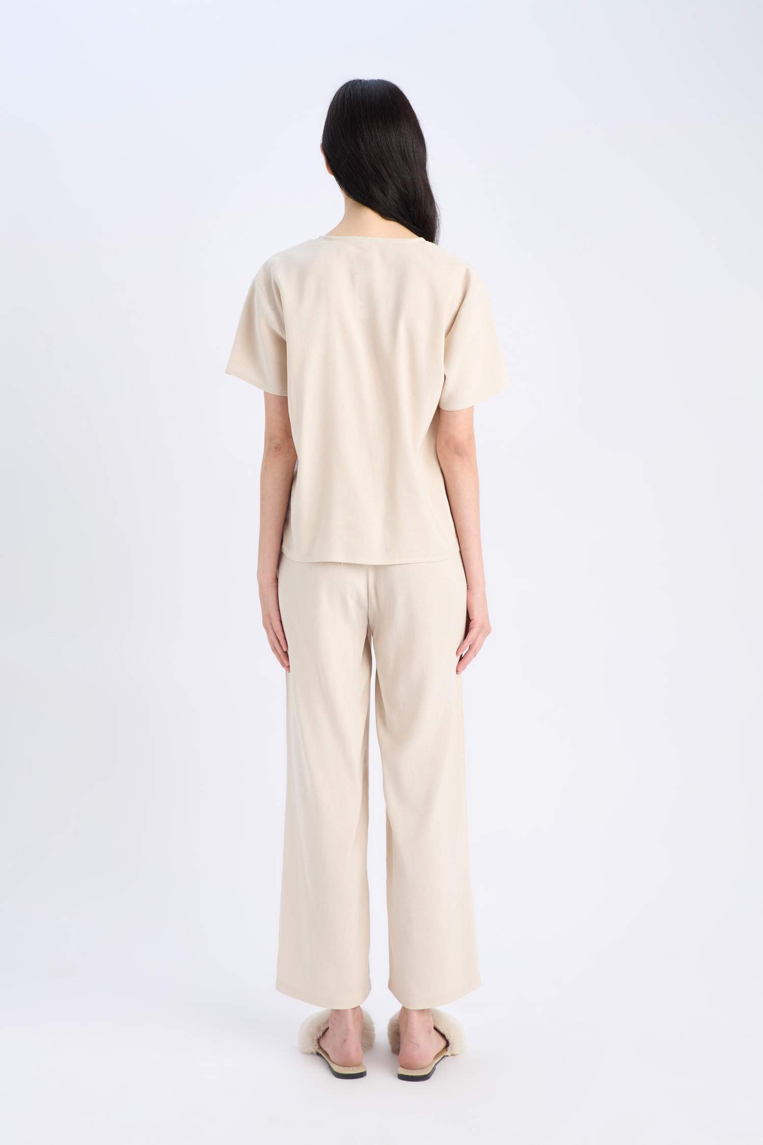 Pijama Takımı Keten Kısa Kollu Üst Beli Lastikli Alt-Fall in Love