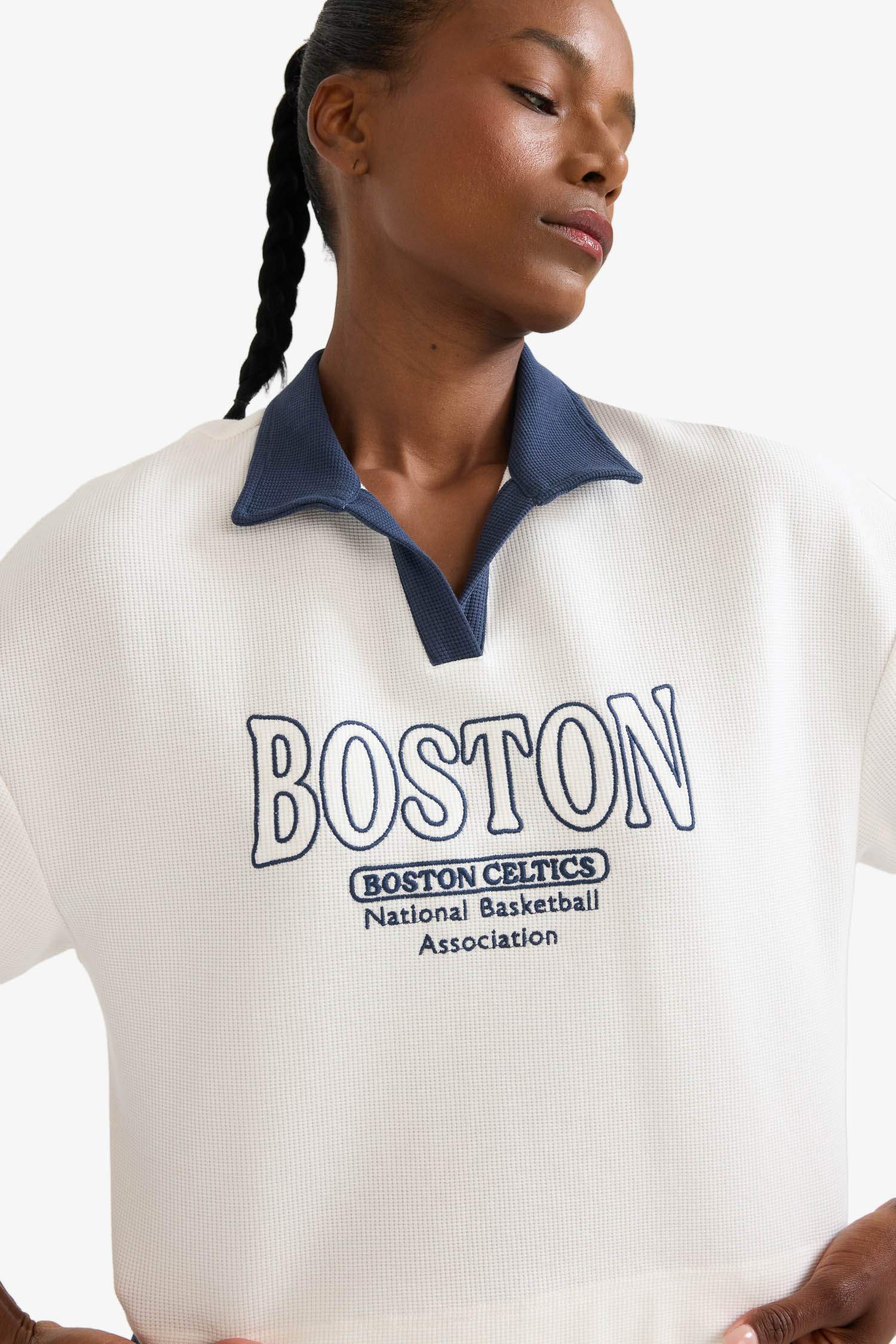 DeFactoFit NBA Boston Celtics Polo Yaka Waffle Kısa Kollu Tişört