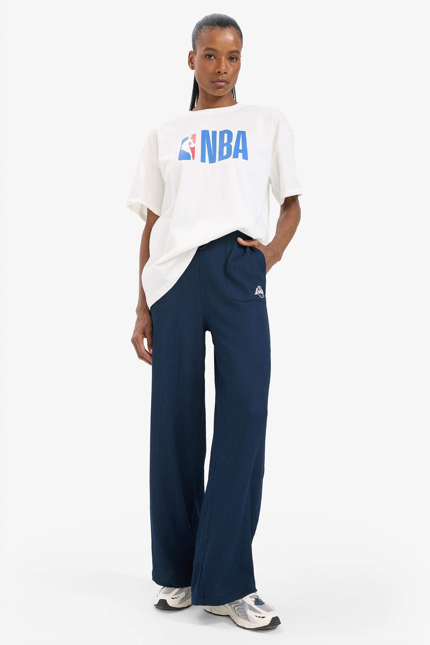 NBA Los Angeles Lakers Wide Leg Geniş Paça Çift Cepli Standart Boy Krinkıl İnce Pantolon