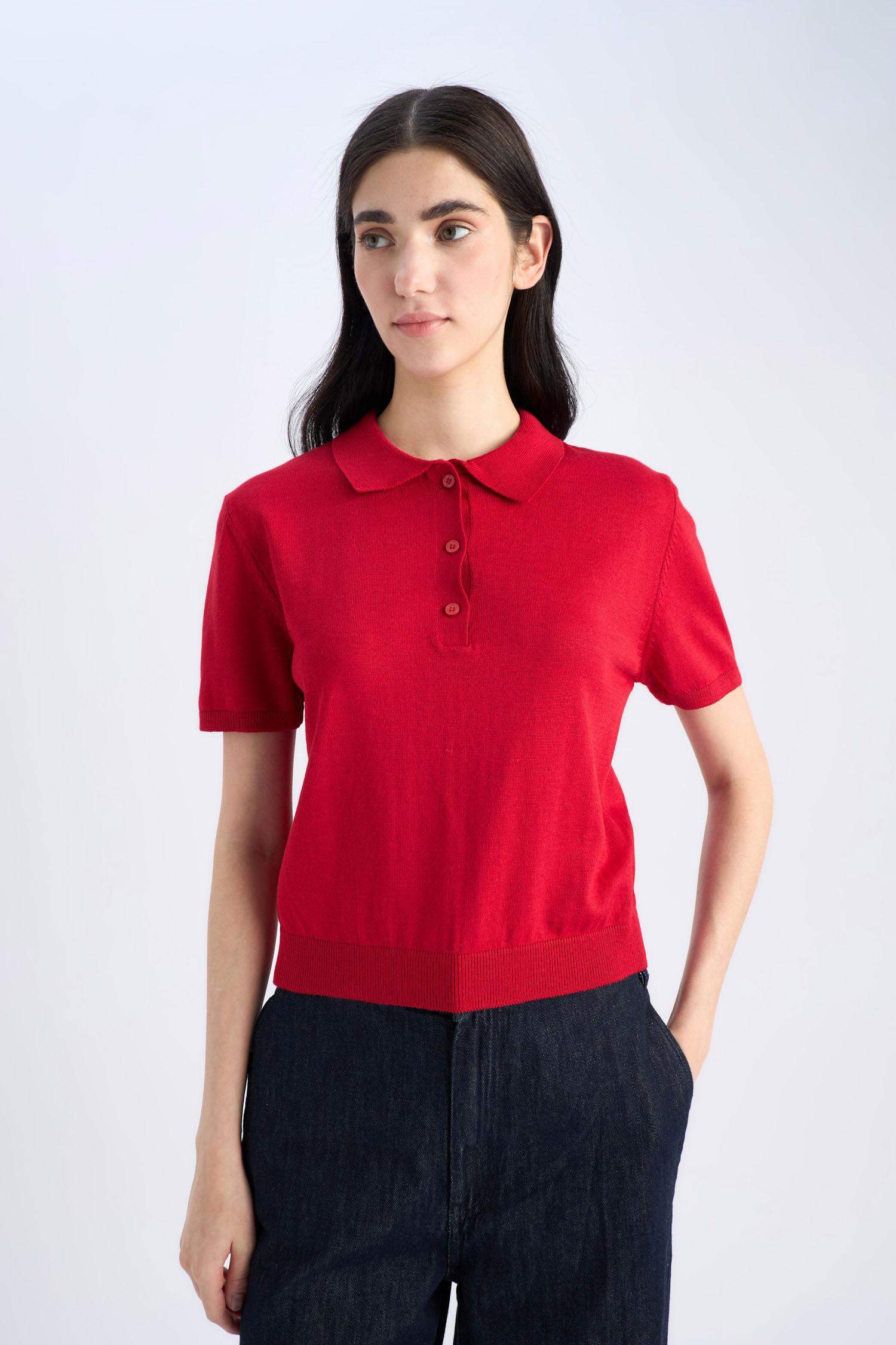 Regular Fit Polo Yaka Basic Düz  Kısa Kollu Kırmızı Triko Kazak