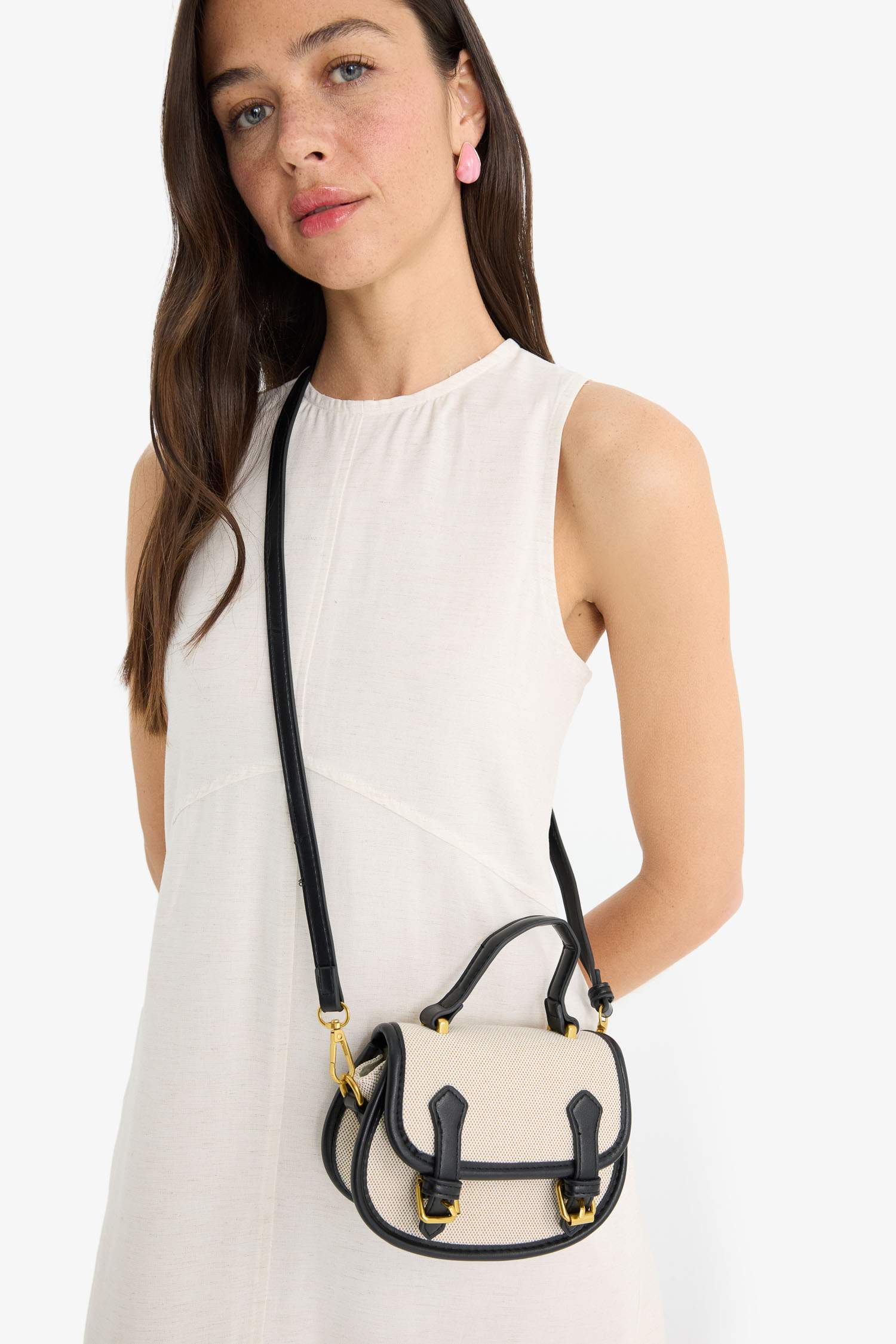 Woman Canvas Look Faux Leather Shoulder Bag