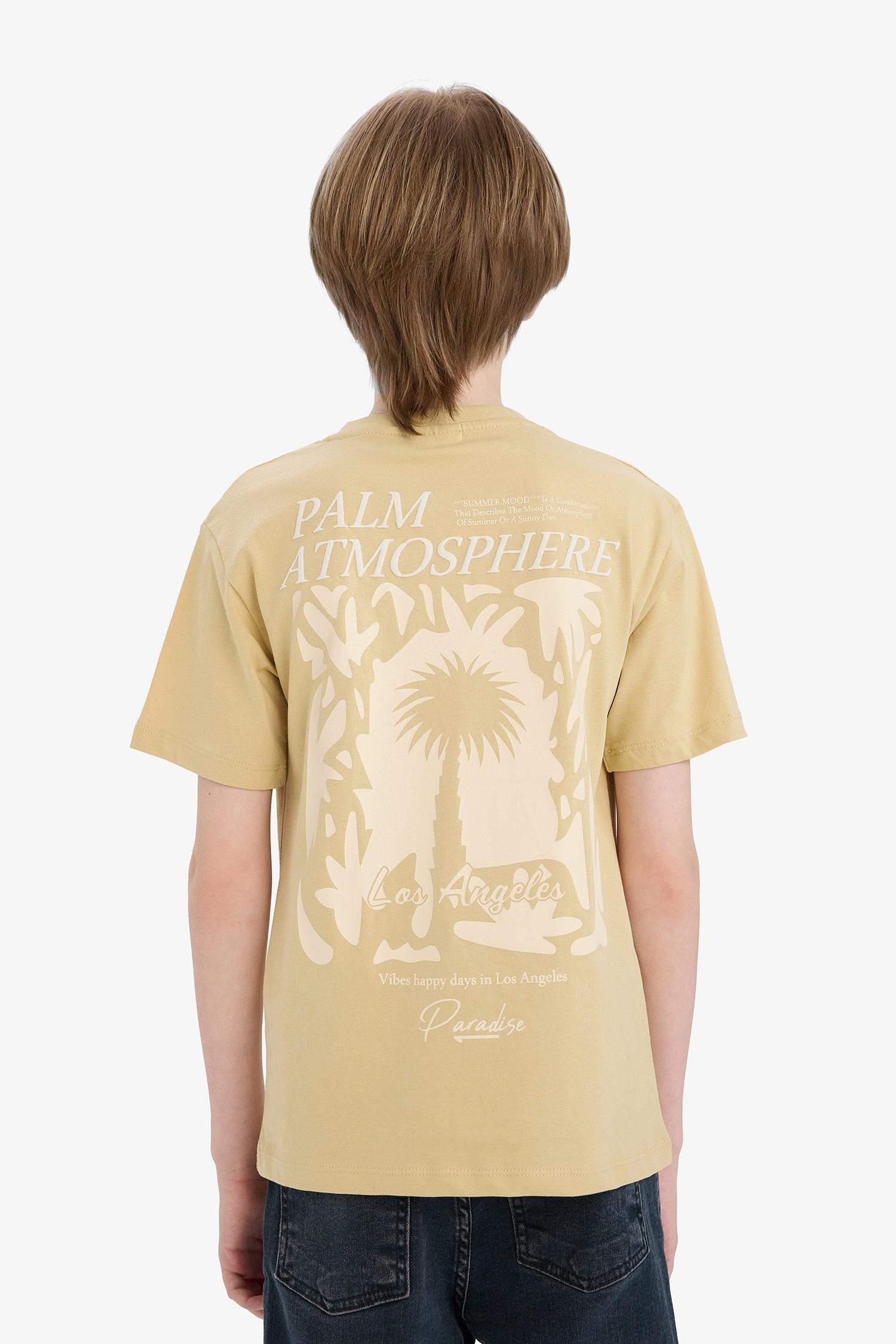 تيشيرت نص كم مطبوعة قصة عادية بياقة مستديرة