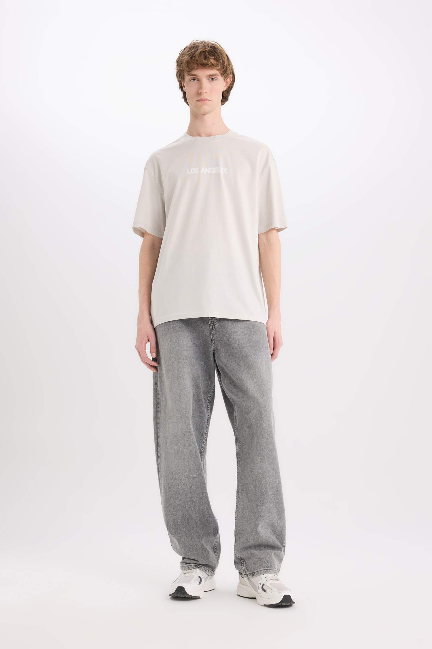 %100 Pamuk Boxy Fit Bisiklet Yaka Baskılı Kısa Kollu Tişört