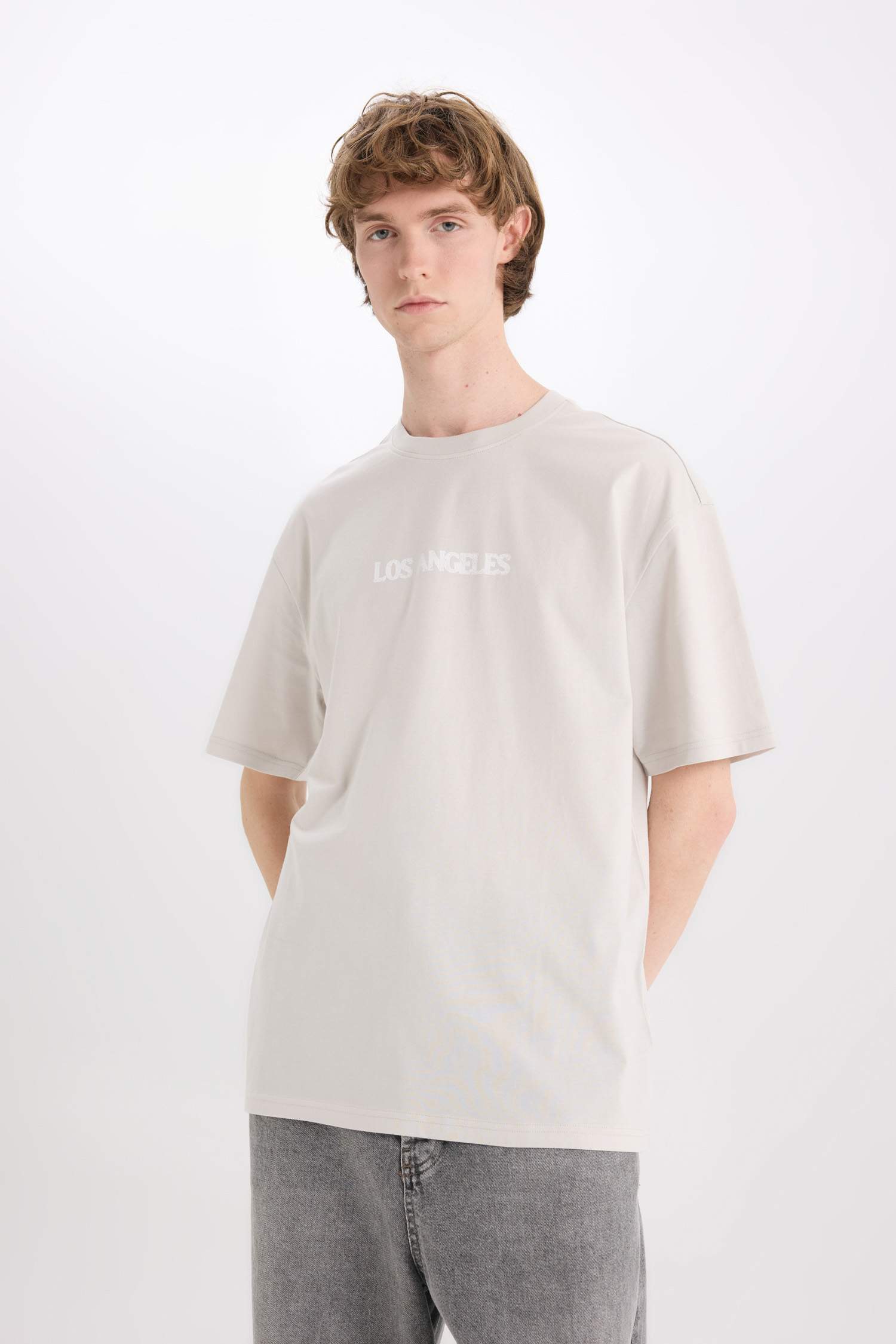 %100 Pamuk Boxy Fit Bisiklet Yaka Baskılı Kısa Kollu Tişört