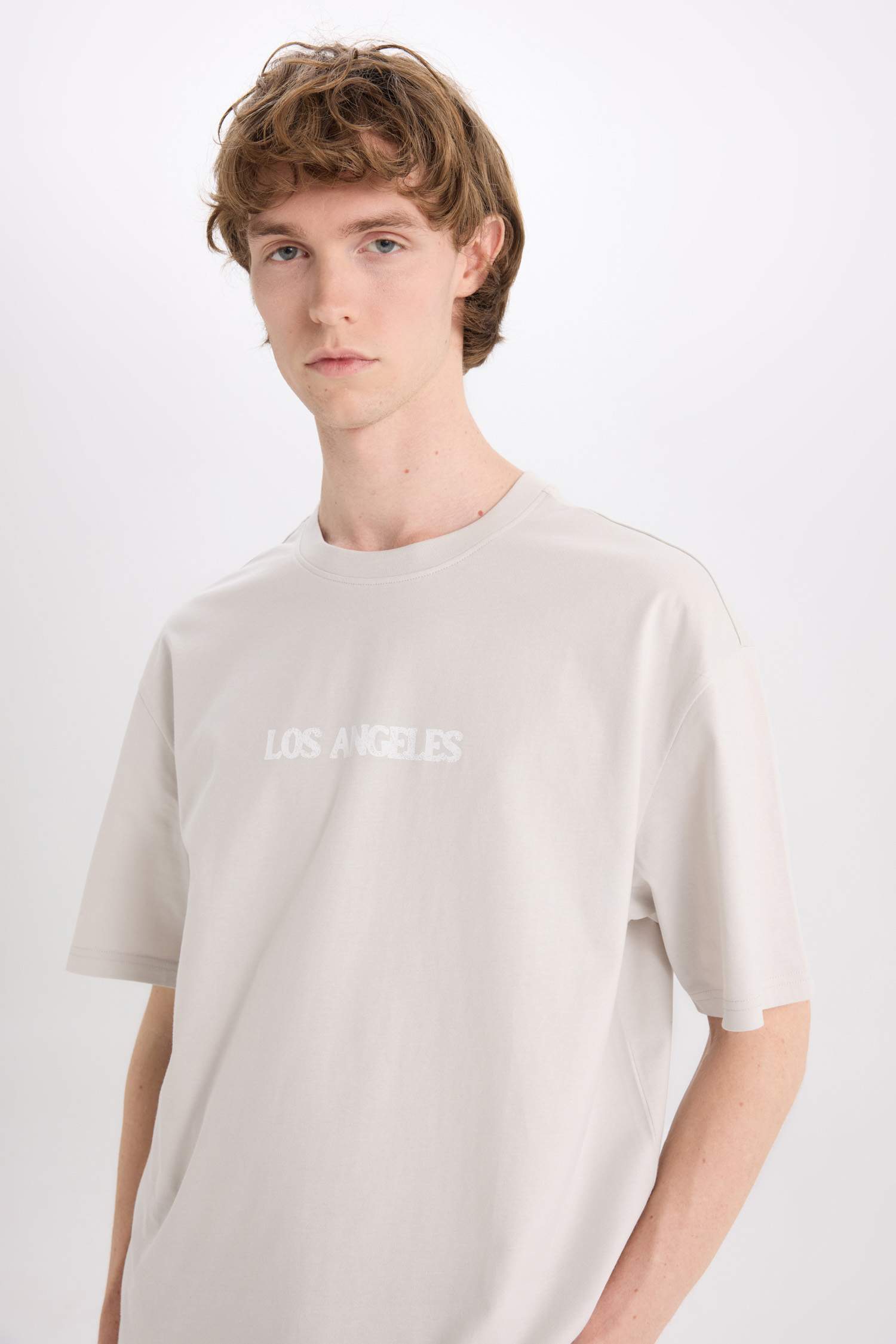 %100 Pamuk Boxy Fit Bisiklet Yaka Baskılı Kısa Kollu Tişört