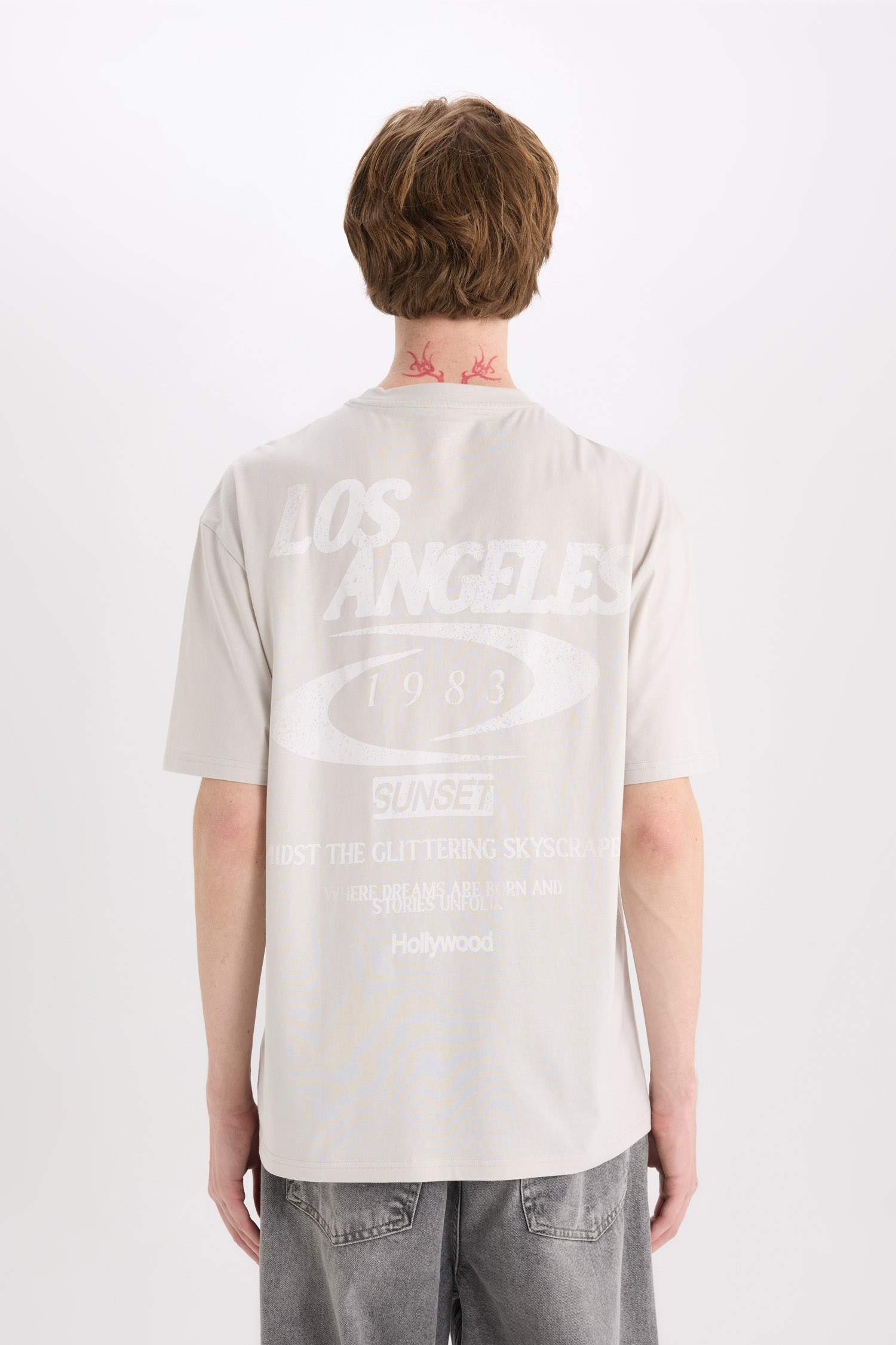 %100 Pamuk Boxy Fit Bisiklet Yaka Baskılı Kısa Kollu Tişört