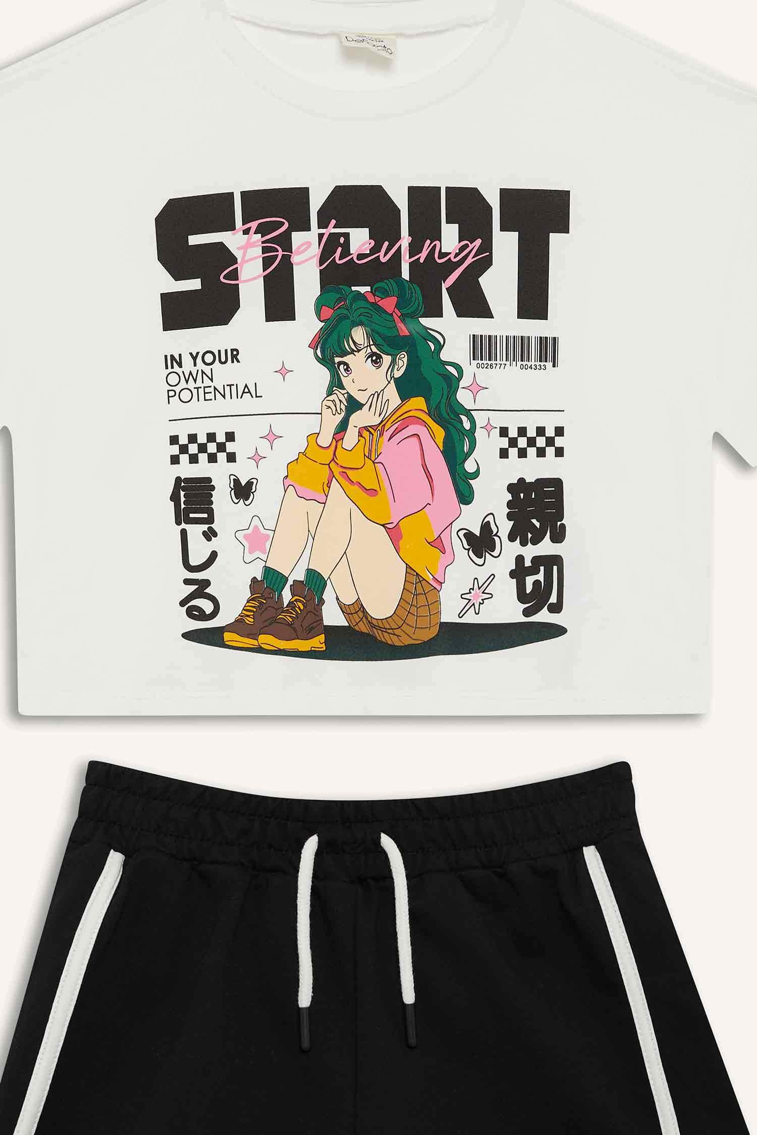 Kız Çocuk 2'li Takım Kısa Kollu Tişört Beli Lastikli Şort