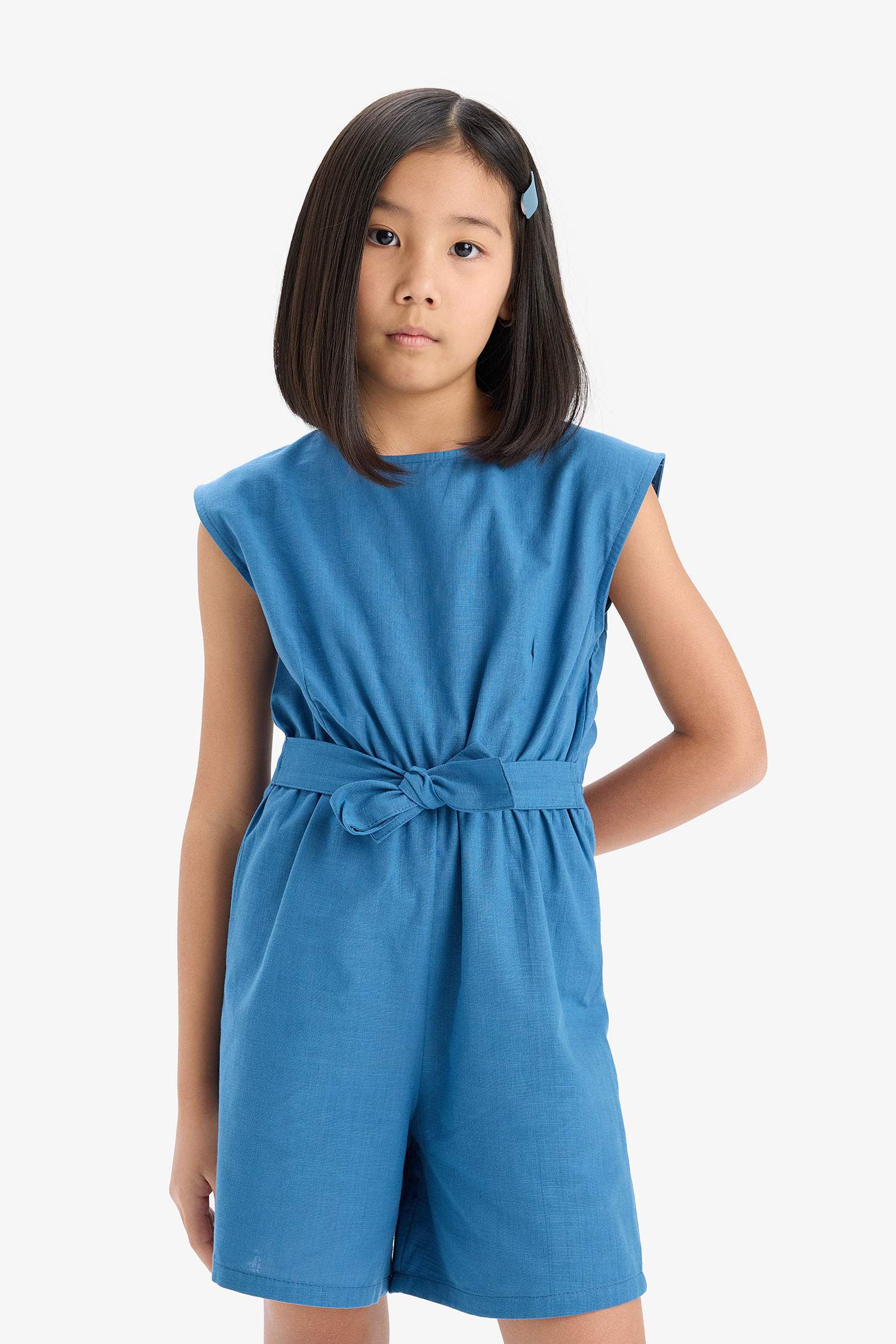 Kız Çocuk Bağlamalı Pamuklu Kolsuz Kısa Tulum