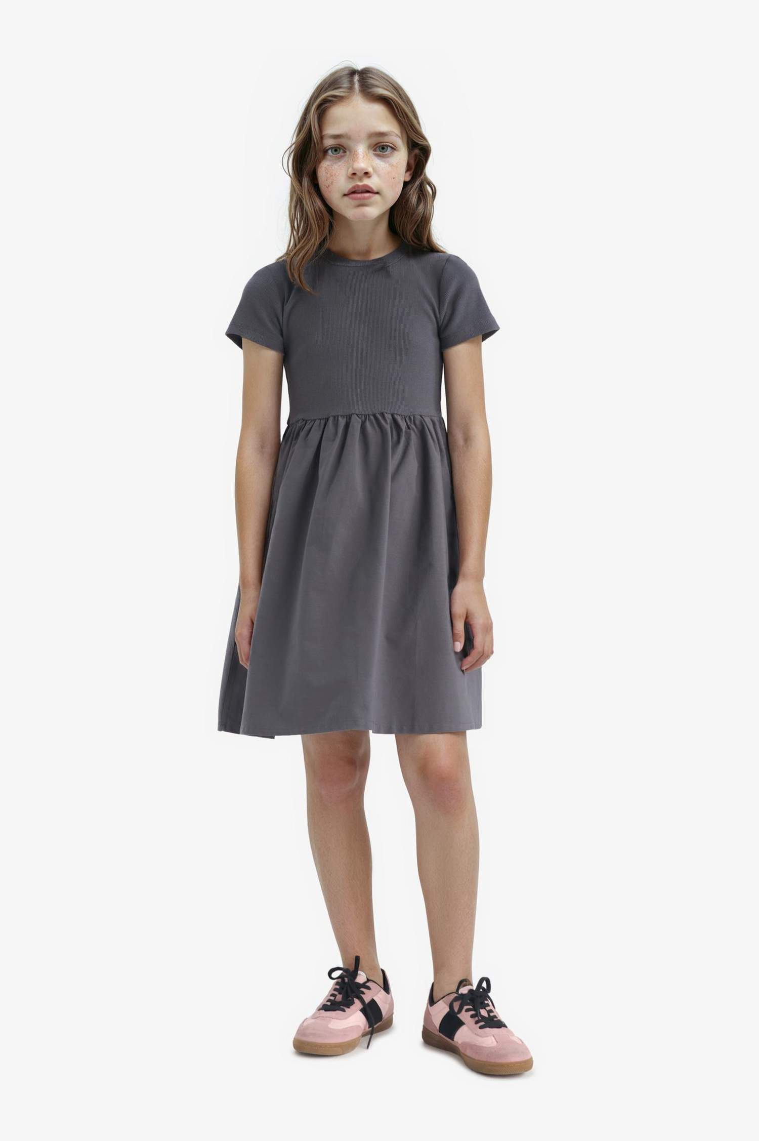 Girl Crew Neck Corduroy Short Sleeve Dress