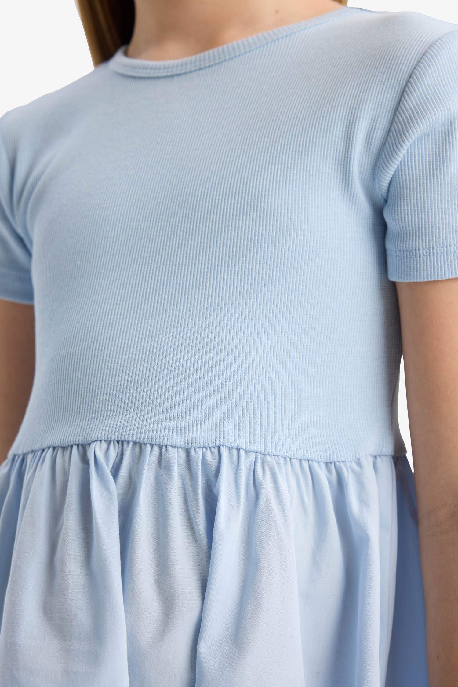 Kız Çocuk Bisiklet Yaka Fitilli Kaşkorse Kısa Kollu Yazlık Elbise