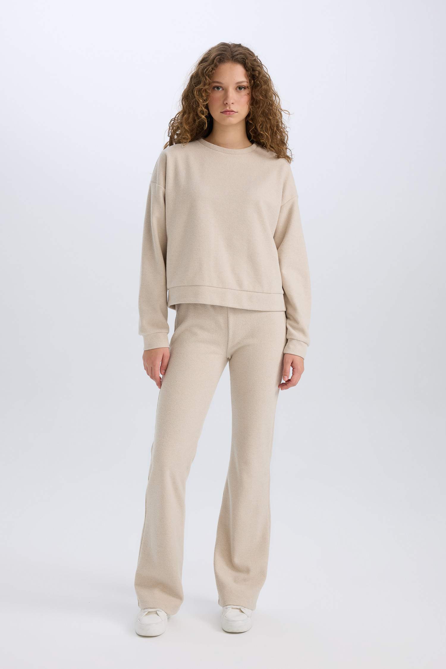 2'li Takım Basic Düz Bisiklet Yaka Üst Beli Lastikli Uzun Alt