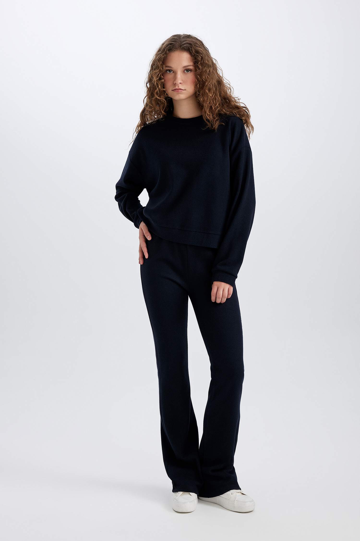 2'li Takım Basic Düz Bisiklet Yaka Üst Beli Lastikli Uzun Alt