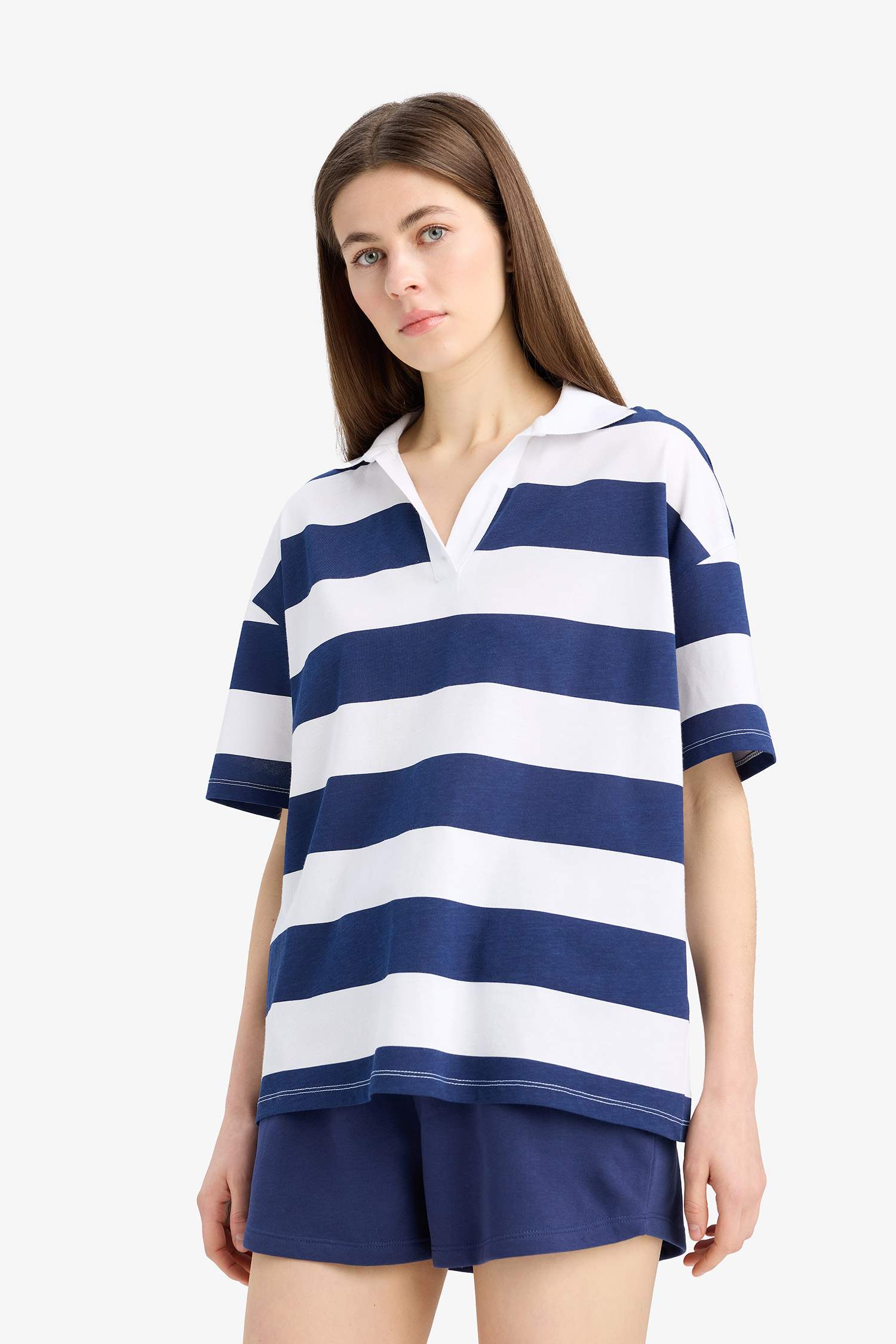 Relax Fit Polo Yaka Çizgili Penye Kısa Kollu Tişört